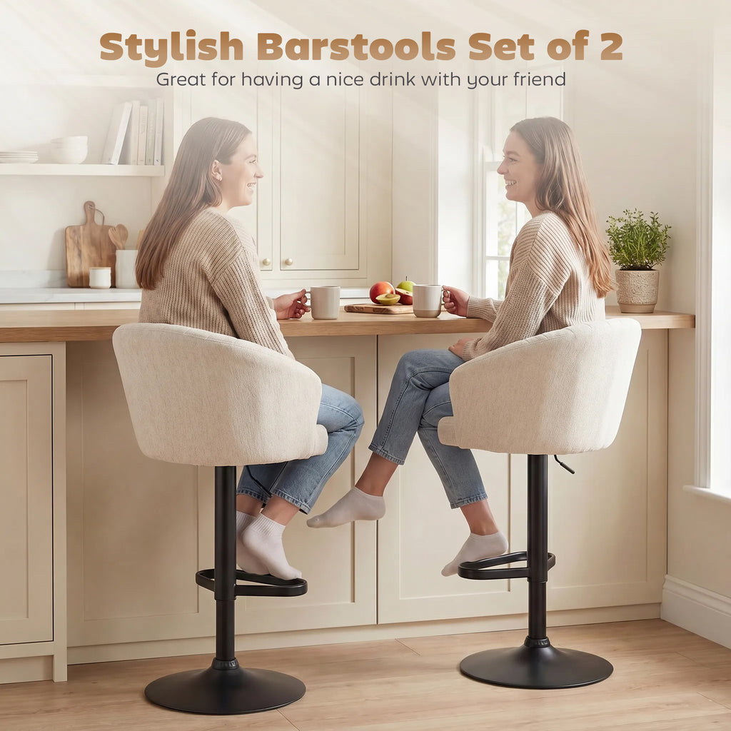 Bar Stools Set of 2, Swivel Counter Height Barstools with Back, Footrest, Adjustable Height, Beige