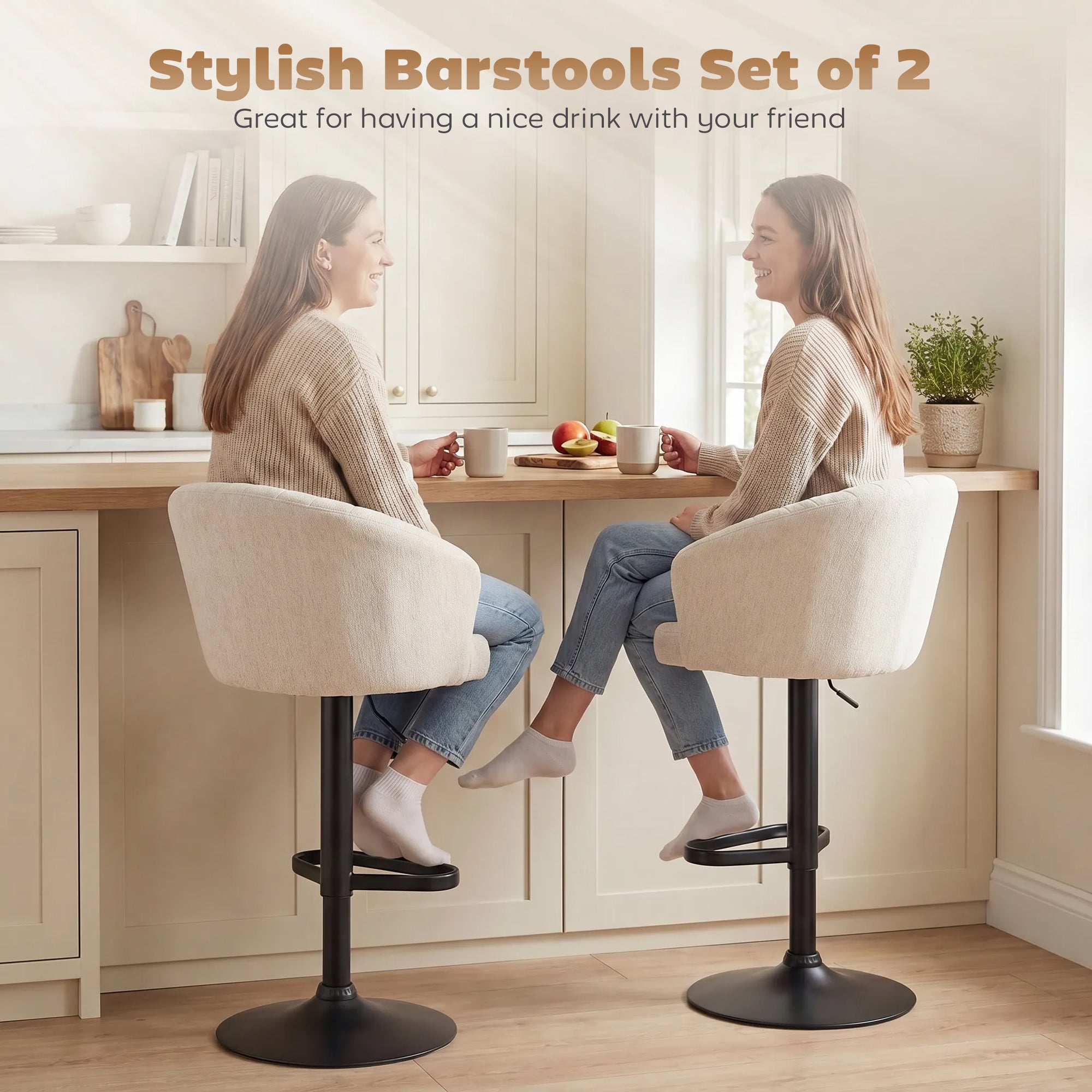 Bar Stools Set of 2, Swivel Counter Height Barstools with Back, Footrest, Adjustable Height, Beige