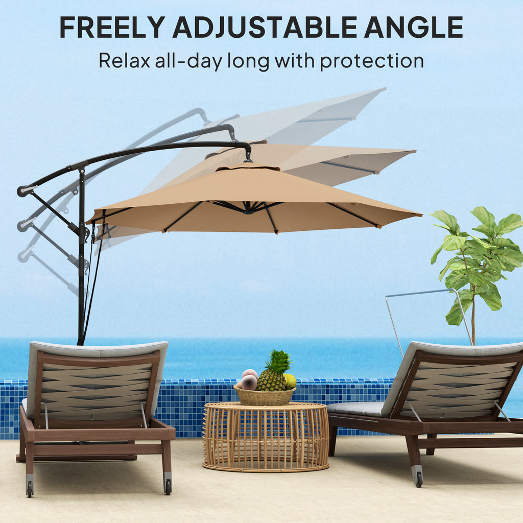 9.5' Cantilever Umbrella with Wind Protection Strap and Cover, Hanging Umbrella with Crank and Cross Base, Khaki