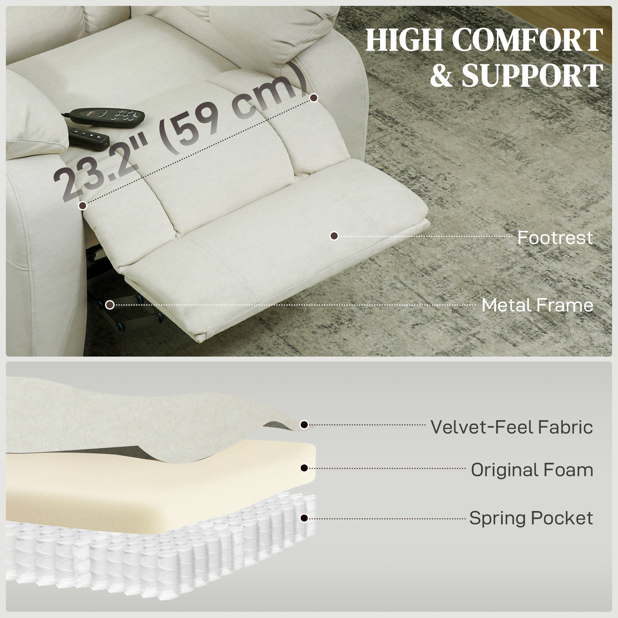 Massage Recliner Chair with Quiet Brushless Motor Pet-Friendly Fabric Power Recliner with 2 Memory Positions Cream White