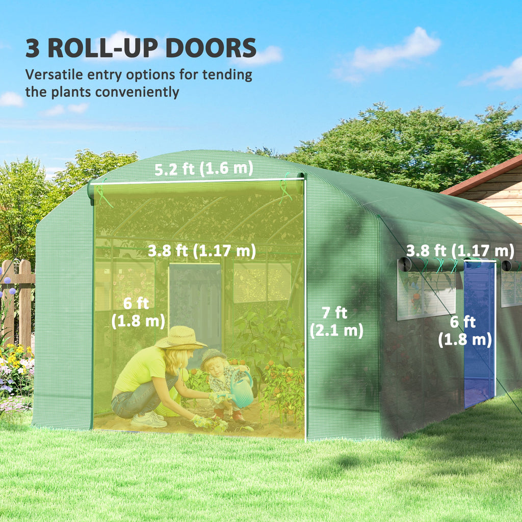19.5' x 10' x 7.5' Tunnel Greenhouse with 3 Roll-Up Doors and Large Mesh Windows, Galvanized Steel Frame, Wind Resistant, Green