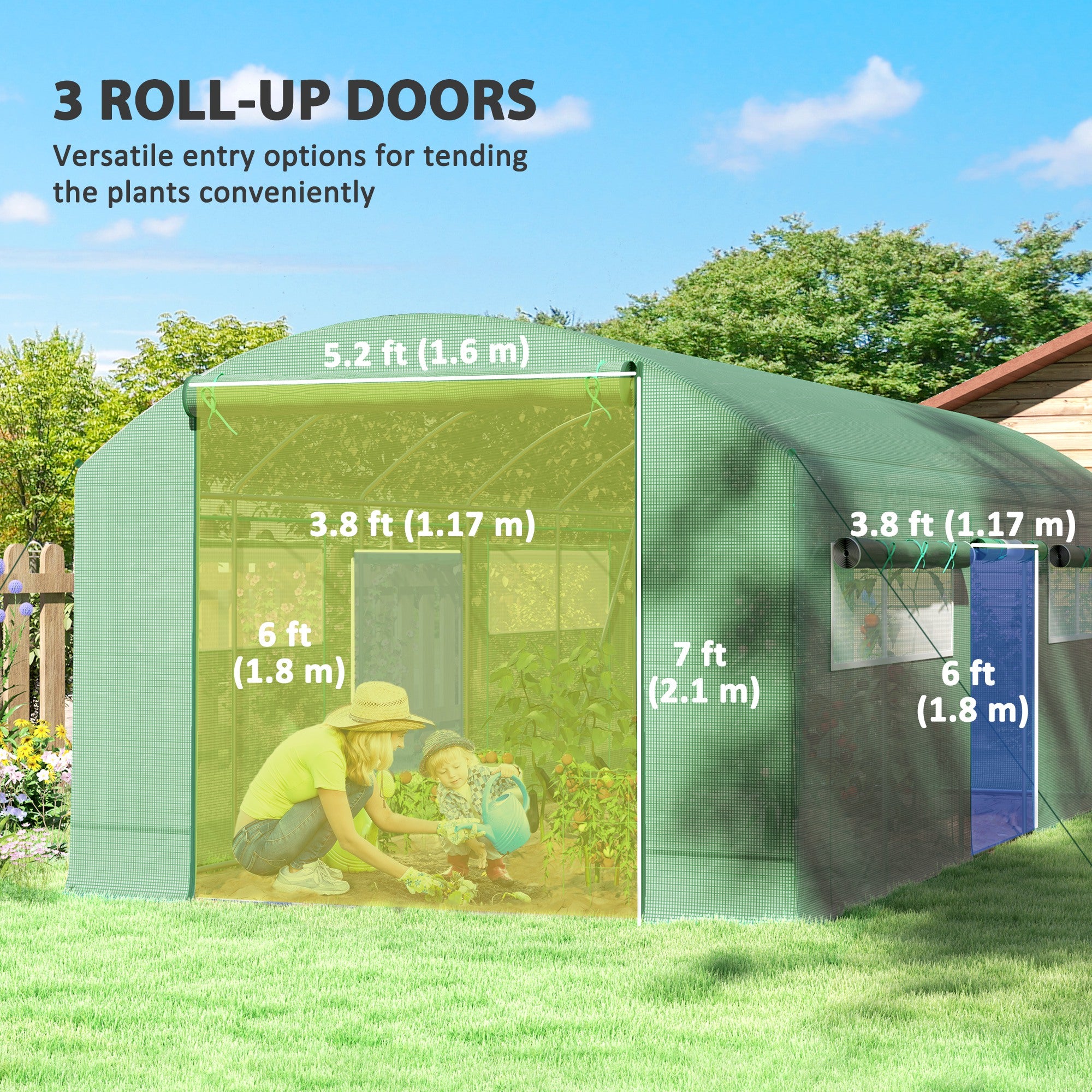 19.5' x 10' x 7.5' Tunnel Greenhouse with 3 Roll-Up Doors and Large Mesh Windows, Galvanized Steel Frame, Wind Resistant, Green