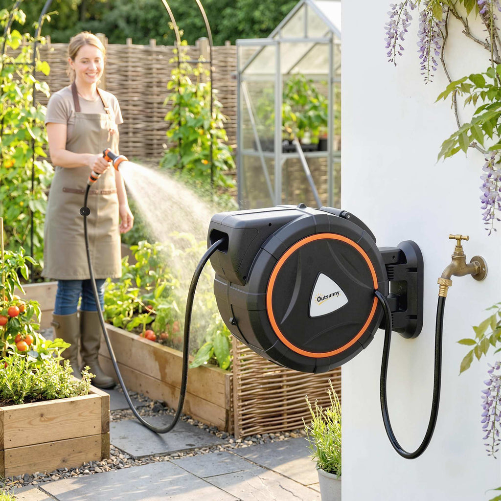Retractable Garden Hose Reel, 1/2" x 92ft Wall Mounted Hose Reel with 12-Pattern Nozzles, Auto Retraction, Self-Locking