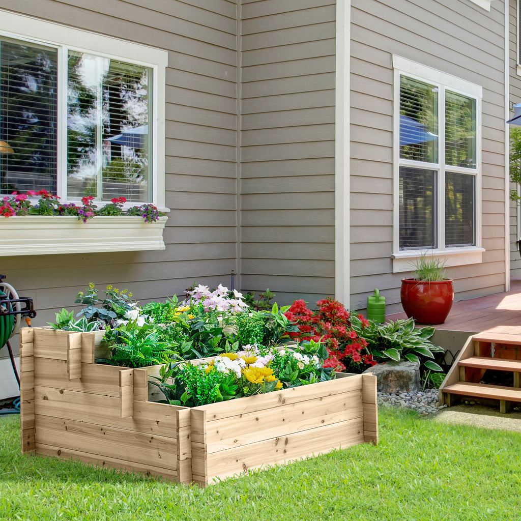 3-Tier Wood Raised Garden Bed, 47.2" x 39.4" x 21.3" Elevated Planting Box, Outdoor Vegetable Flower Container, Herb Garden Indoor Kit, Natural
