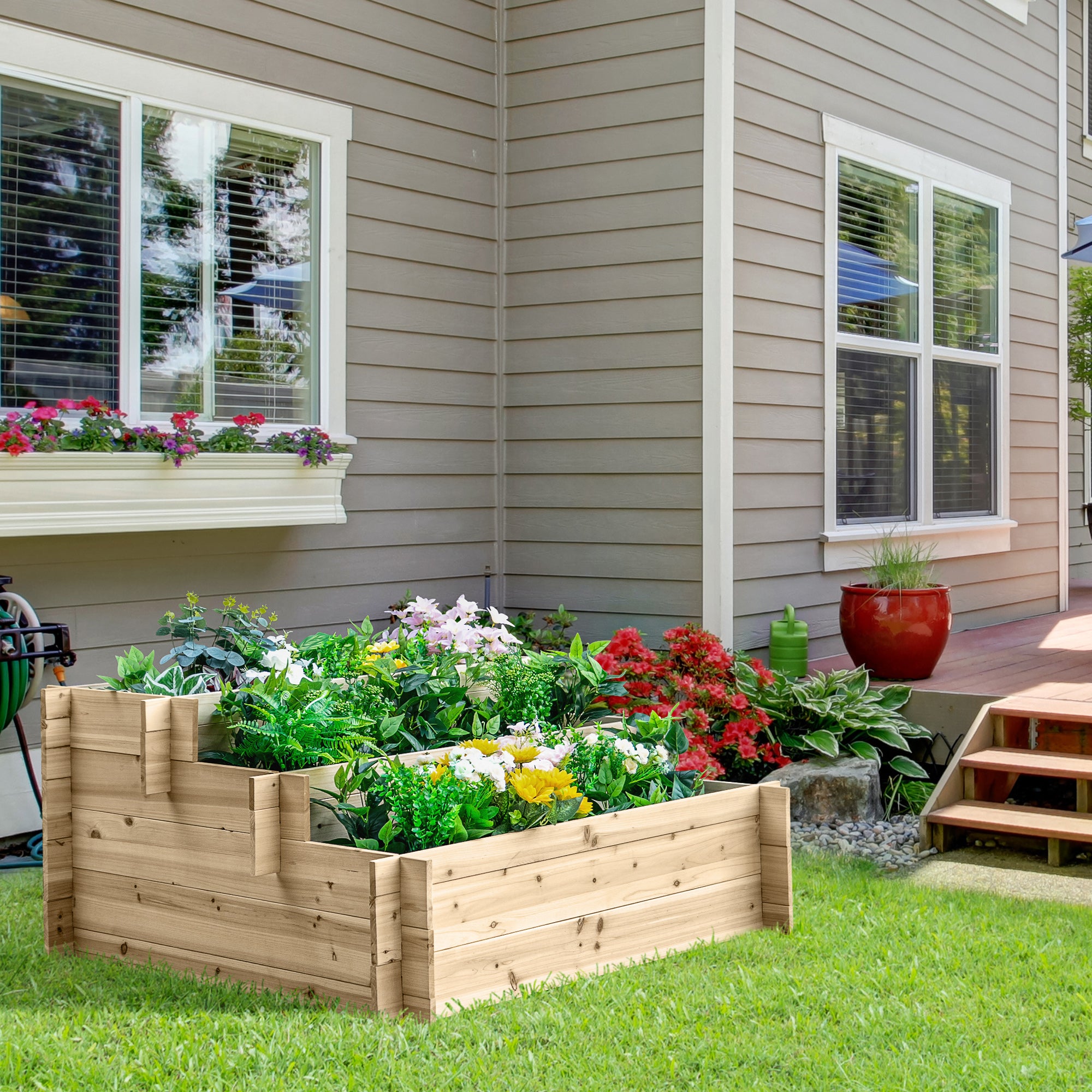 3-Tier Wood Raised Garden Bed, 47.2" x 39.4" x 21.3" Elevated Planting Box, Outdoor Vegetable Flower Container, Herb Garden Indoor Kit, Natural