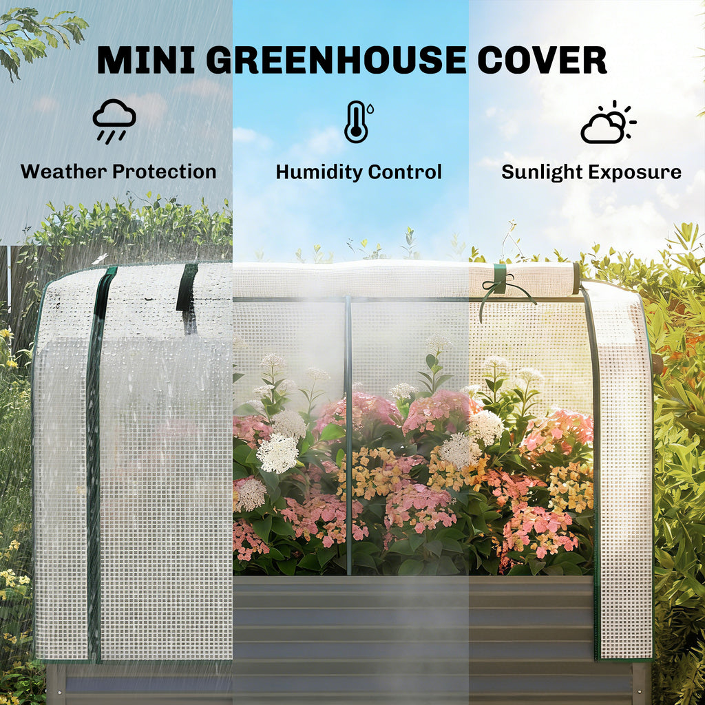 Galvanised Raised Garden Bed with Greenhouse Cover, Metal Elevated Planter Box with Bed Liner, Bottom Shelf, Dark Grey