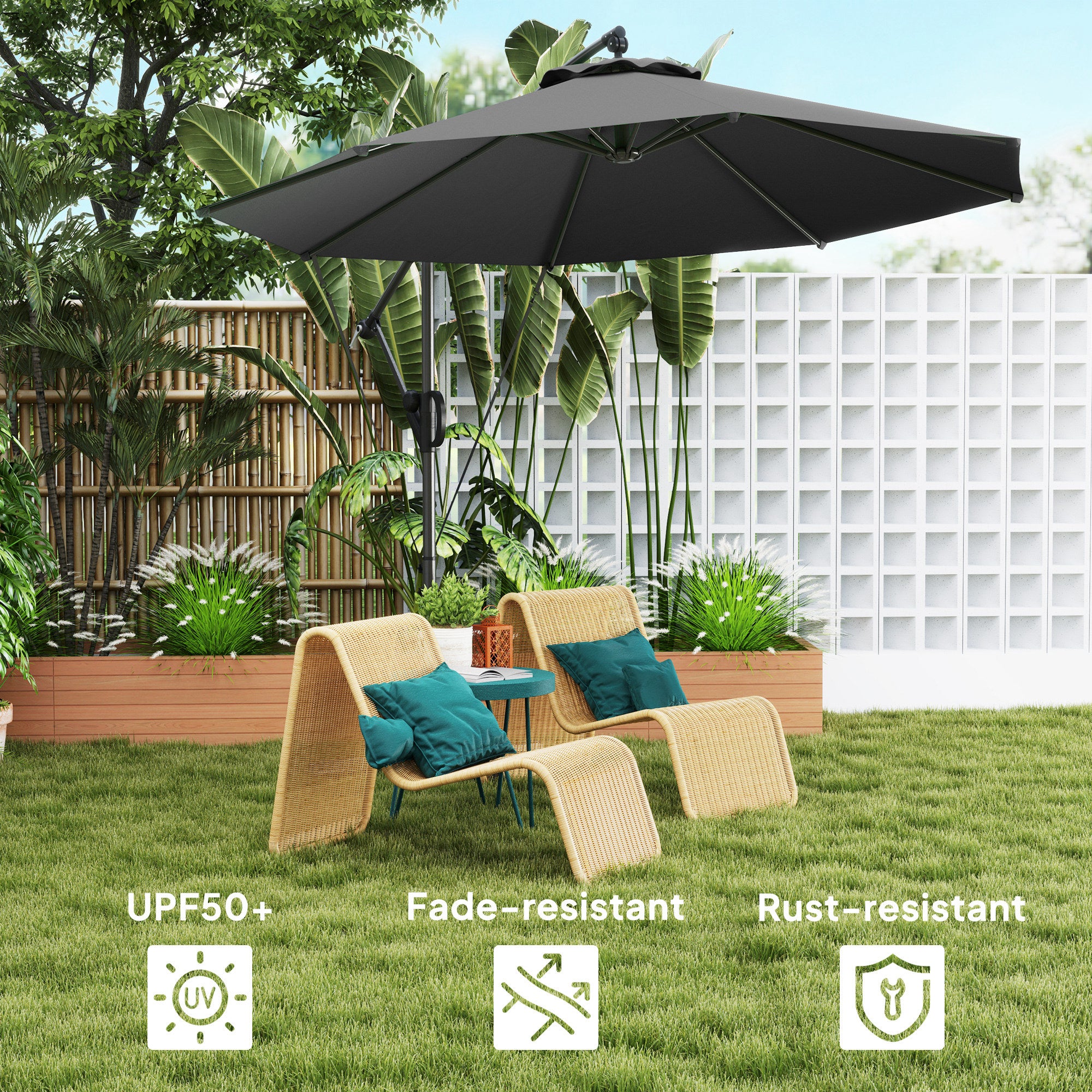 118.1" Patio Offset Umbrella with Cover and Wind Protection Strap,with Crank Handle and Tilt, UPF50+, Grey