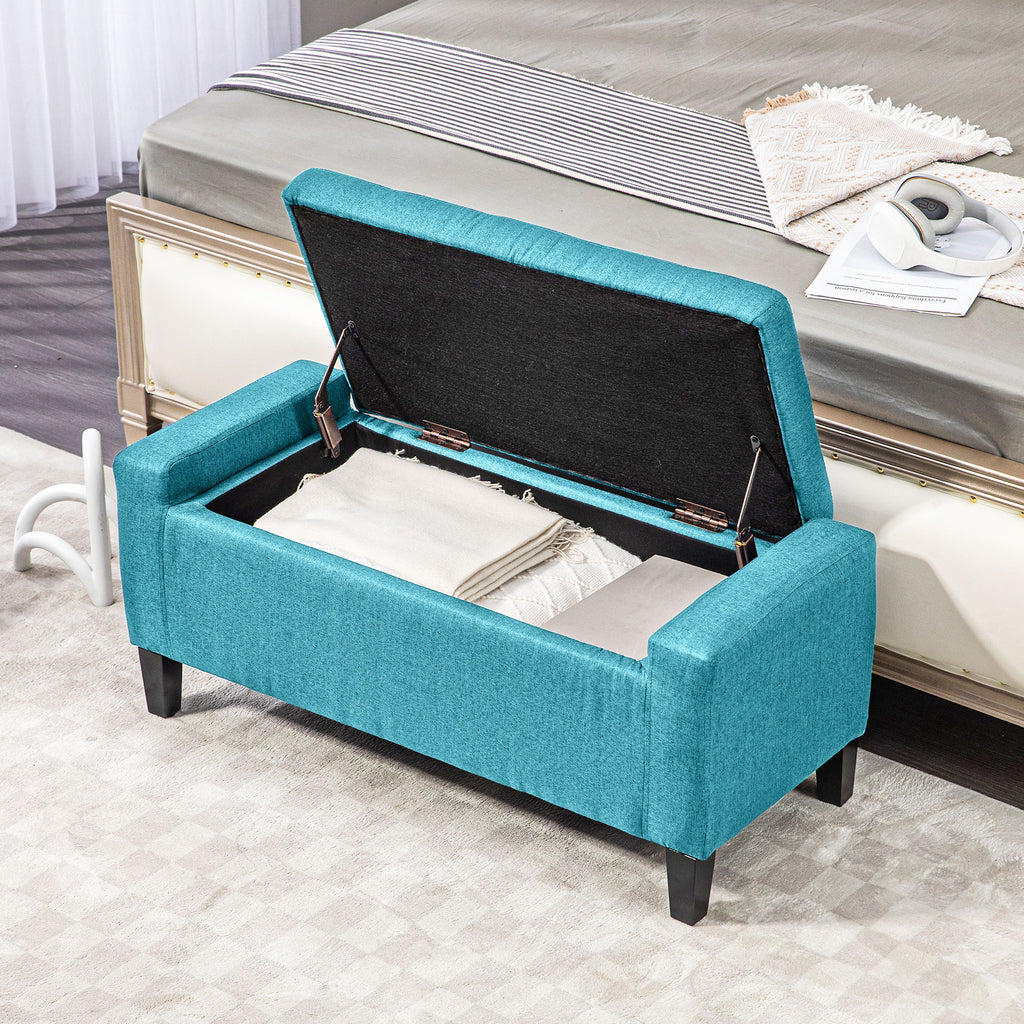 Storage Ottoman Bench, Linen Upholstered Bench with Tufted Design, Green