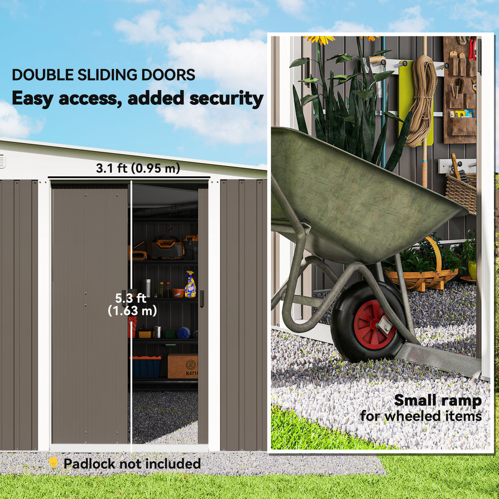 11' x 9' Steel Garden Storage Shed, Outdoor Metal Tool House with Double Sliding Doors & 2 Air Vents, Grey
