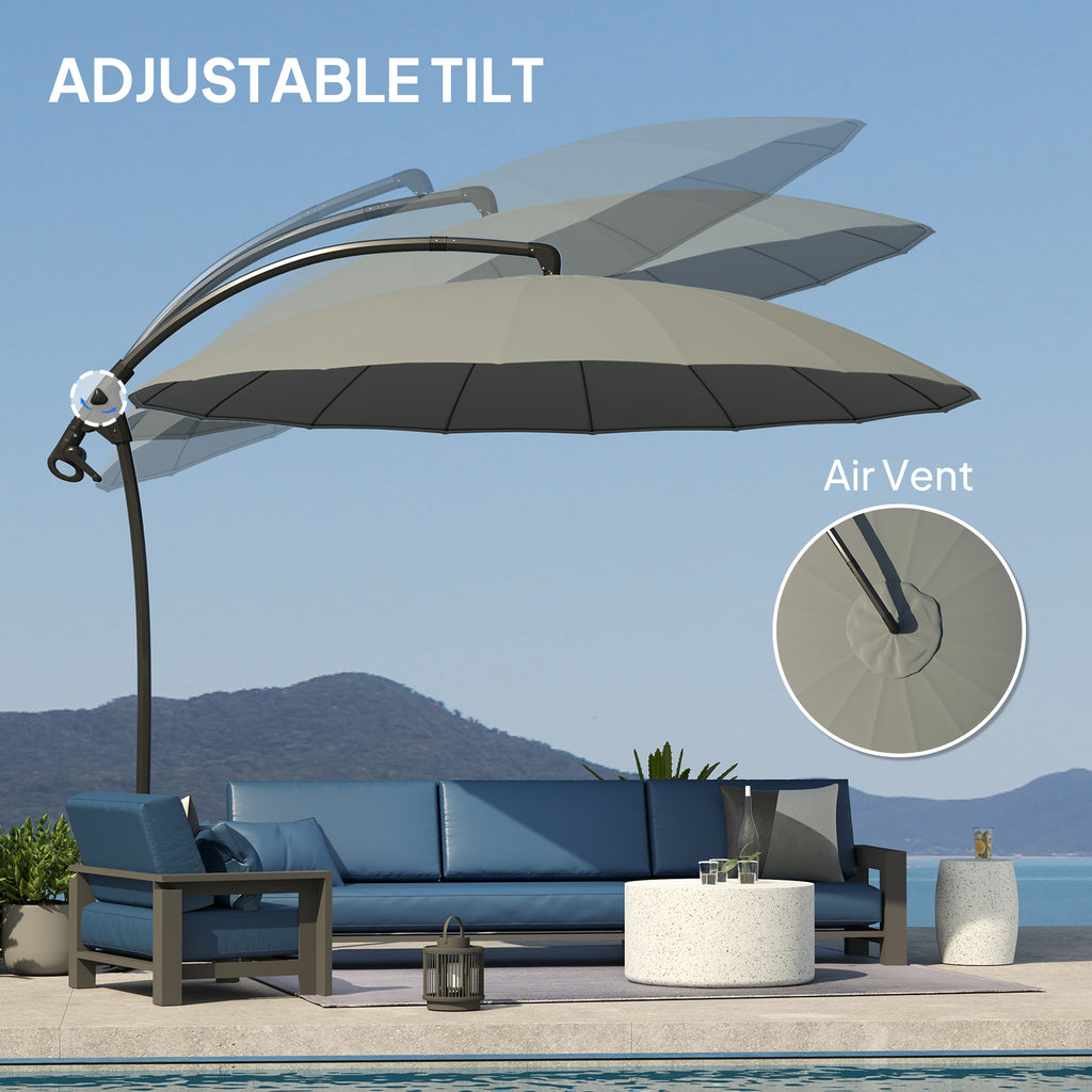 9FT Cantilever Umbrella with 16 Fibreglass Ribs, Offset Hanging Umbrella, Patio Umbrella with Crank and Cross Base, Grey
