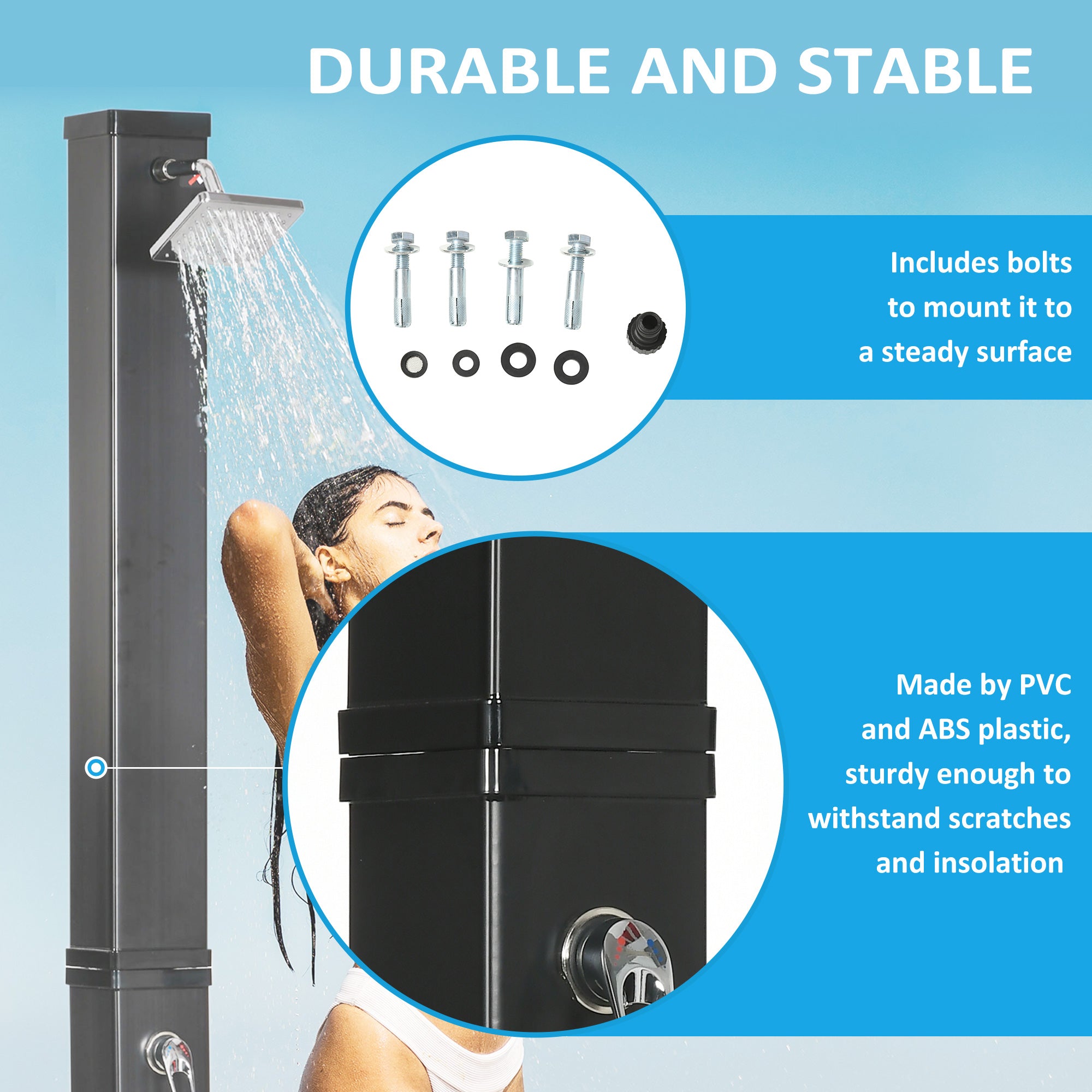 10.6 Gallons Solar Heated Shower with Free-Rotating Shower Head, Temperature Adjustment & Foot Shower
