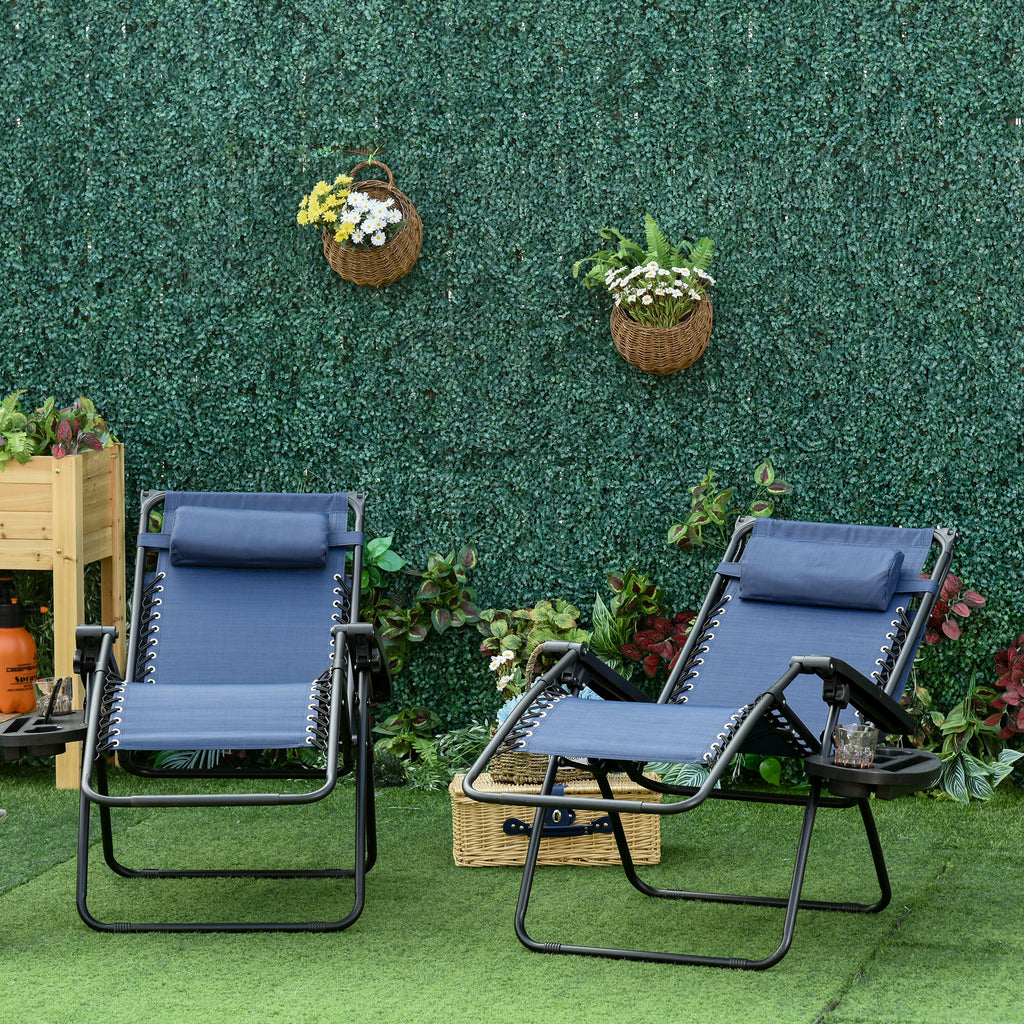 Zero Gravity Chair Set of 2 with Canopy Shade, Outdoor Folding Lounge Chair with Side Tray, Cup Holder, Reclining Lounger with Breathable Mesh Seat and Pillow, Blue