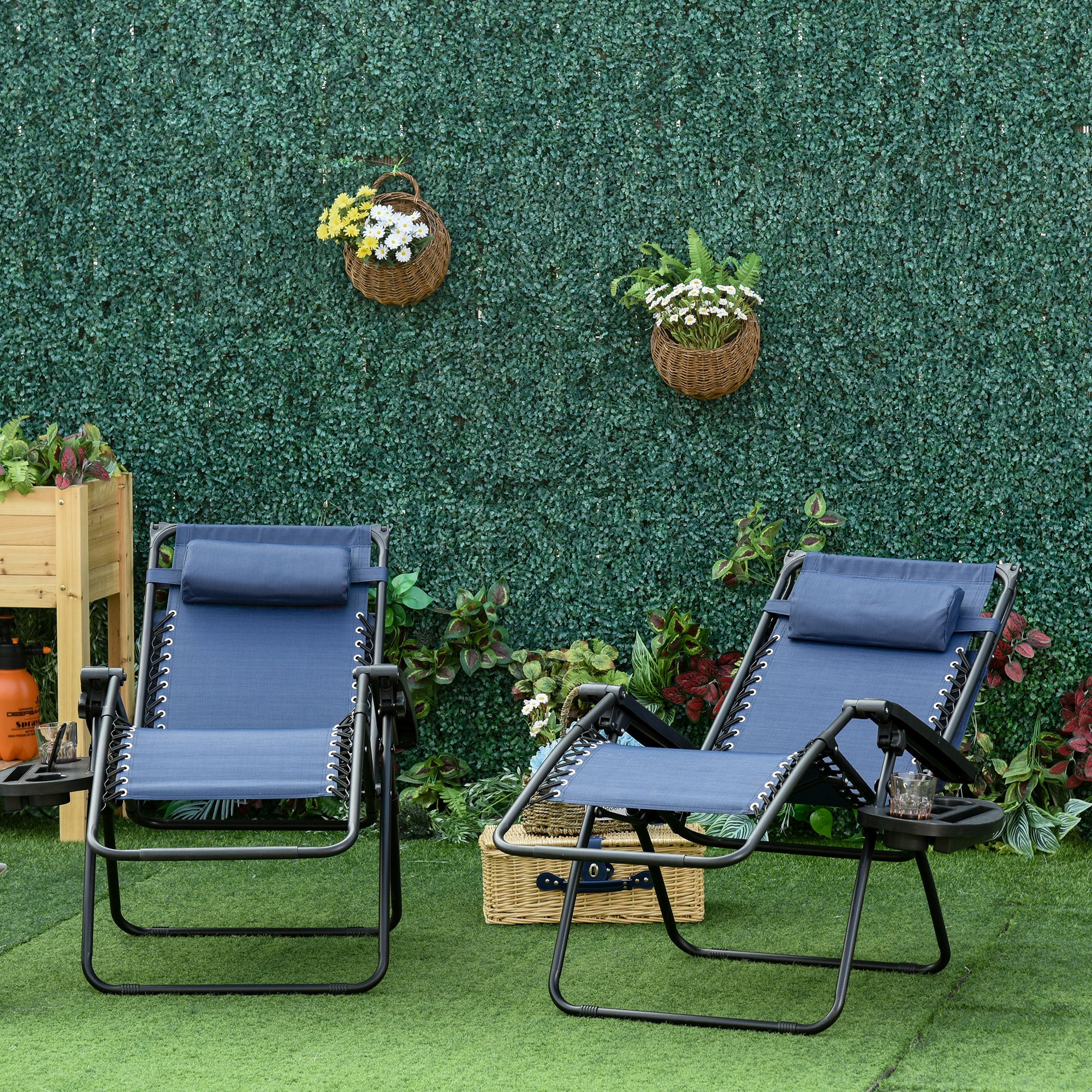 Zero Gravity Chair Set of 2 with Canopy Shade, Outdoor Folding Lounge Chair with Side Tray, Cup Holder, Reclining Lounger with Breathable Mesh Seat and Pillow, Blue