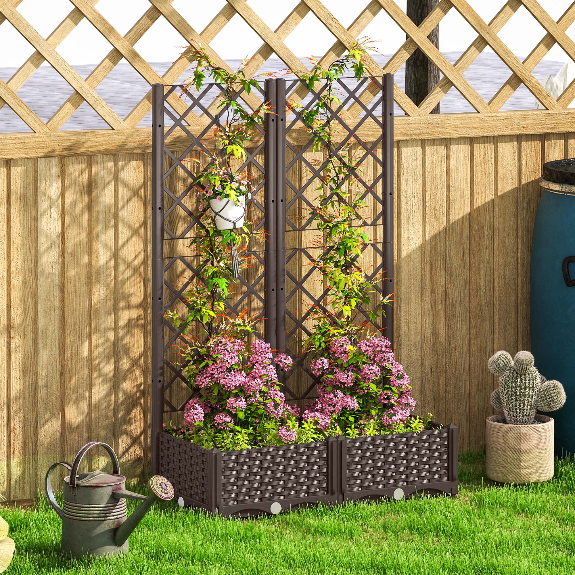 Raised Garden Bed with Trellis, Plastic Raised Flower Bed with Drainage Holes and Drain Plugs, 32" x 16" x 48"