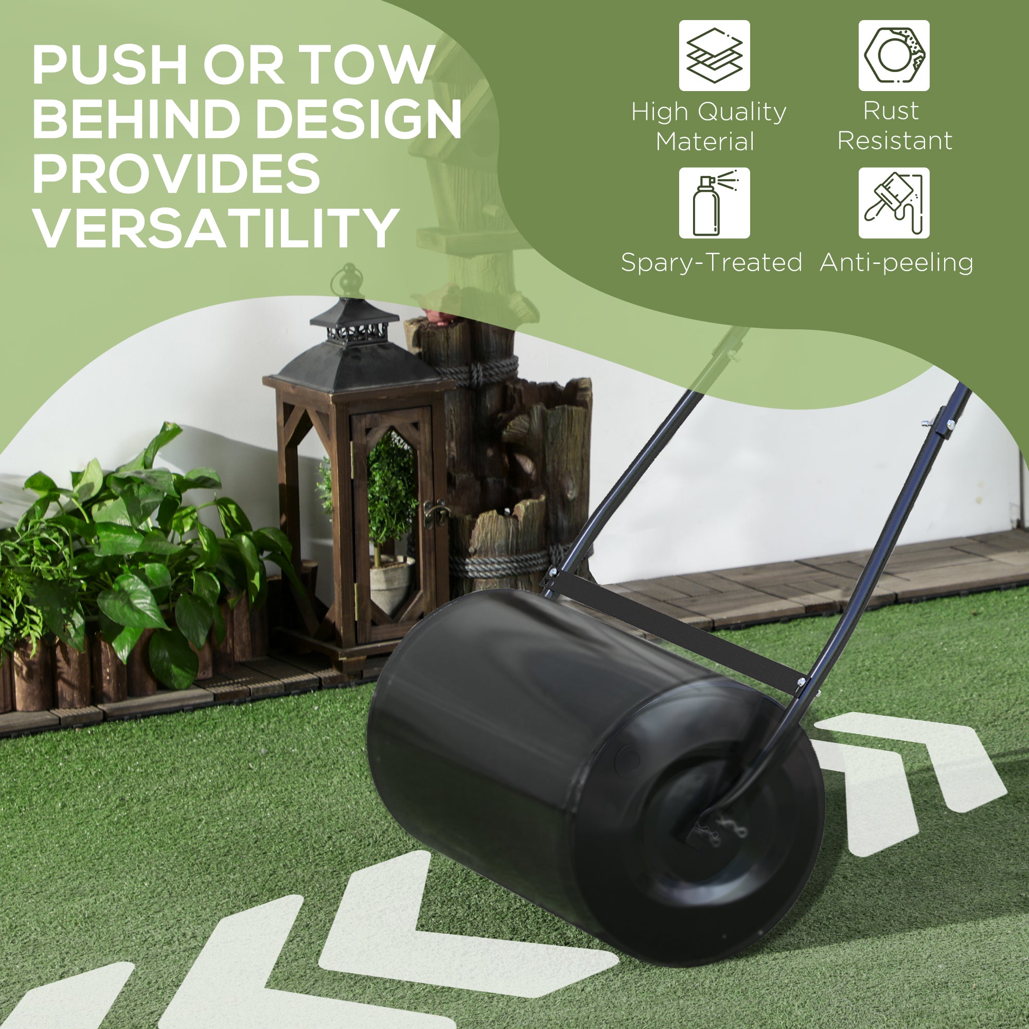 20" Push/Tow Behind Lawn Roller, Heavy Duty Sod Drum Roller Filled with 11 Gal Water/Sand, Grass Flattener for Yard, Patio, Park, Black