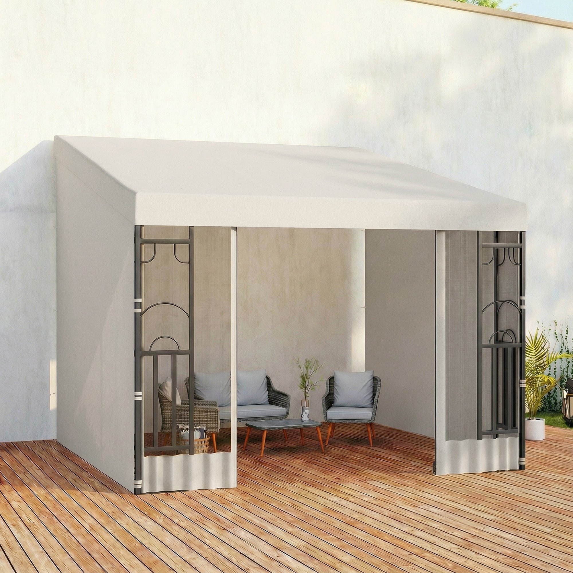 10' x 10' Wall Pergola, Outdoor Gazebo with 2 Curtains and 2 Nettings, UV Resistant, for Patio, Deck, Beige