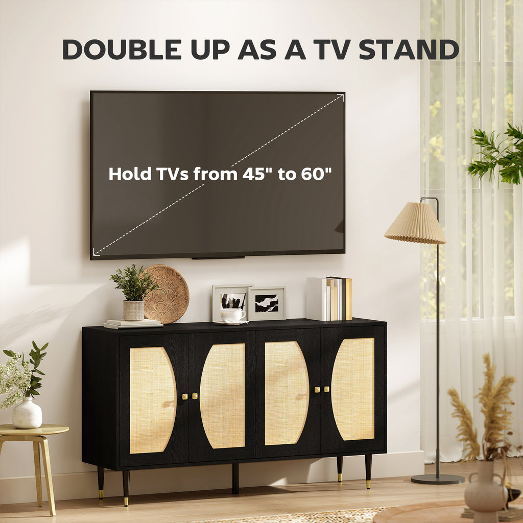 55" Sideboard Buffet Cabinet, Boho Storage Cabinet with Adjustable Shelves, Soft Close Doors and Rattan Front, Black