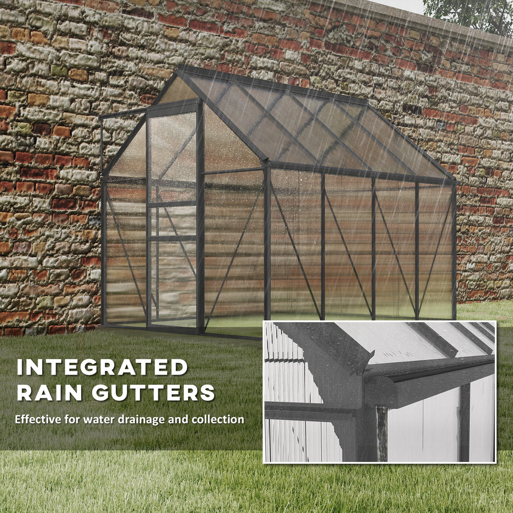 6' x 8' x 6.5' Polycarbonate Greenhouse, Walk-in Green House with Adjustable Roof Vent Galvanized Base Sliding Door Rain Gutter for Outdoor Garden Backyard, Charcoal Grey