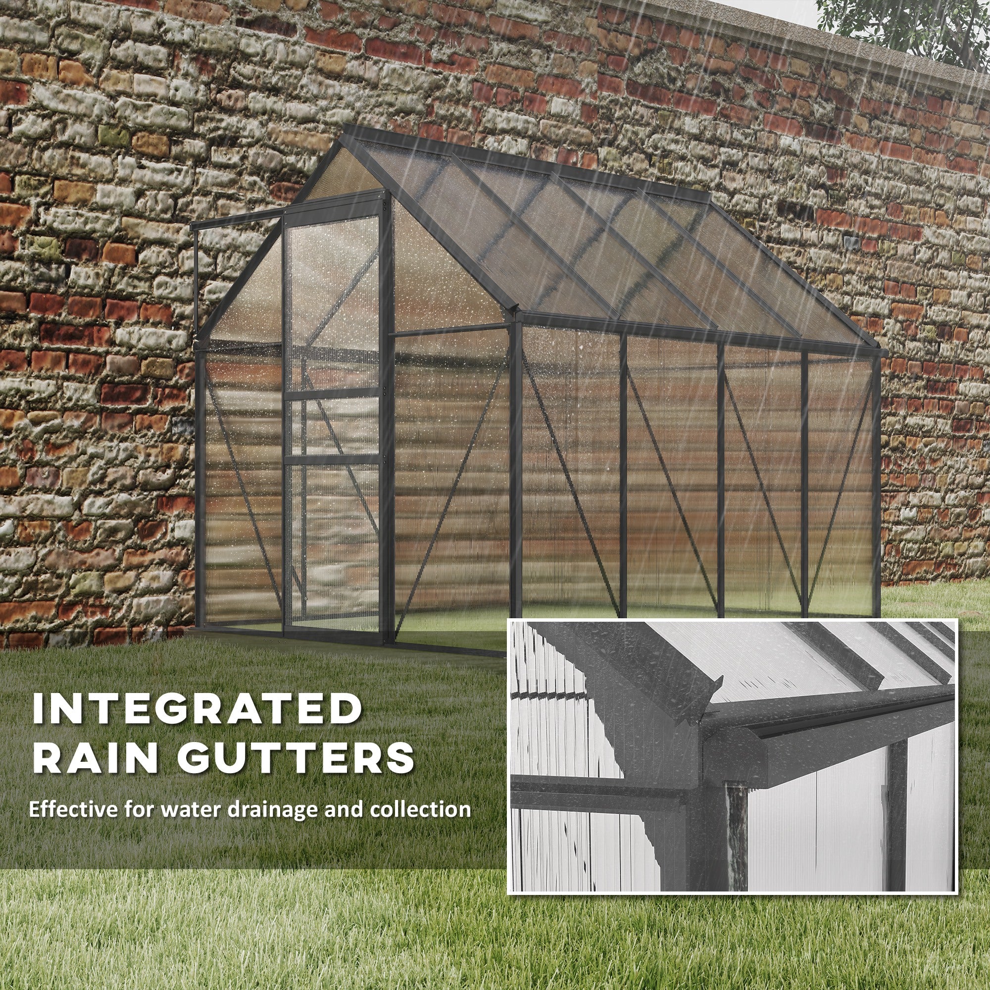 6' x 8' x 6.5' Polycarbonate Greenhouse, Walk-in Green House with Adjustable Roof Vent Galvanized Base Sliding Door Rain Gutter for Outdoor Garden Backyard, Charcoal Grey