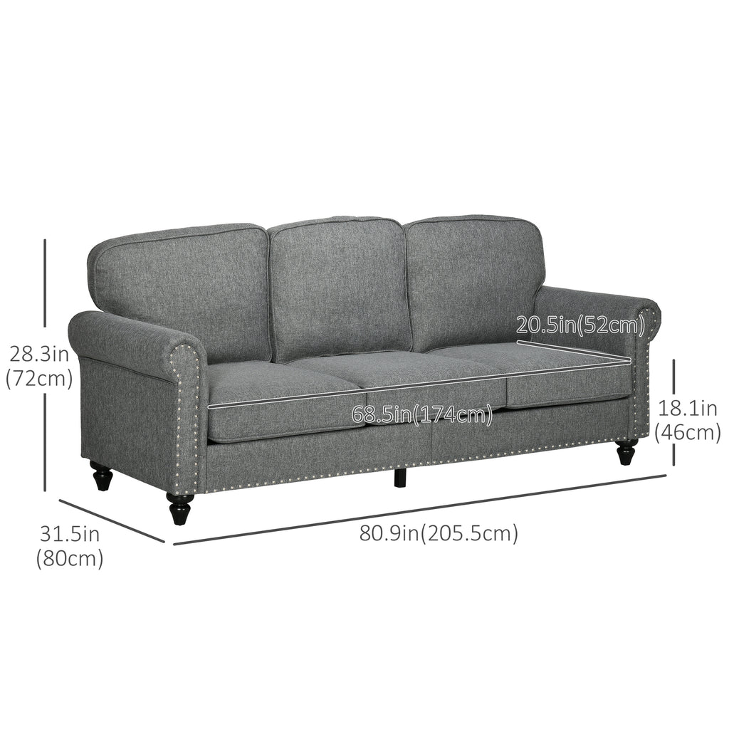 3-Seater Sofa Couch, 81" Modern Upholstered Linen Fabric Sofa with Rubberwood Legs, Nailhead Trim and Rolled Arms for Living Room, Bedroom and Apartment, Grey