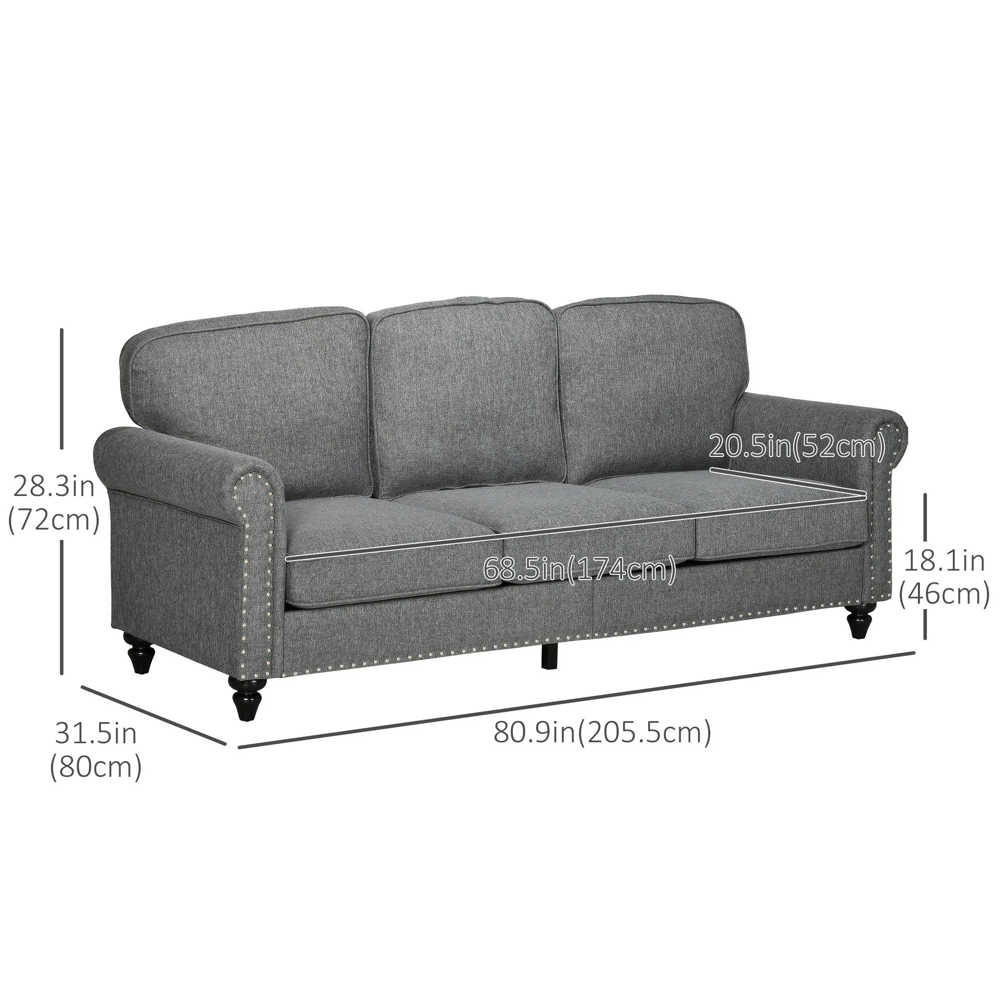 3-Seater Sofa Couch, 81" Modern Upholstered Linen Fabric Sofa with Rubberwood Legs, Nailhead Trim and Rolled Arms for Living Room, Bedroom and Apartment, Grey