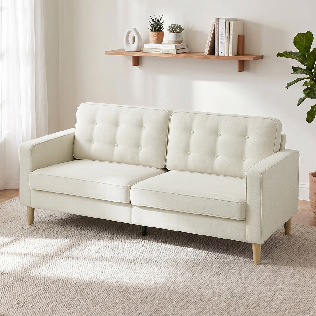 3 Seater Sofa Upholstered with Padded Cushion Modern Button Tufted Couch with Wood Legs, Cream White