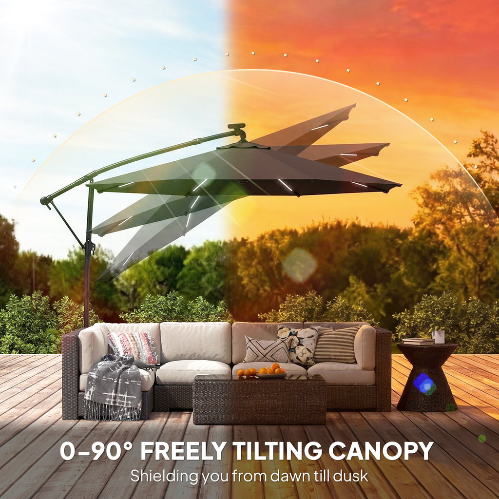 10 ft Offset Patio Umbrella with Solar Light, Garden Hanging Parasol with 360Â° Rotation, Tilt, Cover, Black