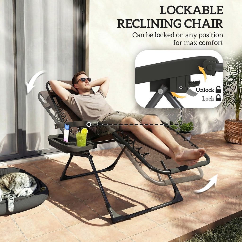 Zero Gravity Chair Set of 2, Folding Reclining Outdoor Lounge Chair with Cup Holder, Headrest, Brown