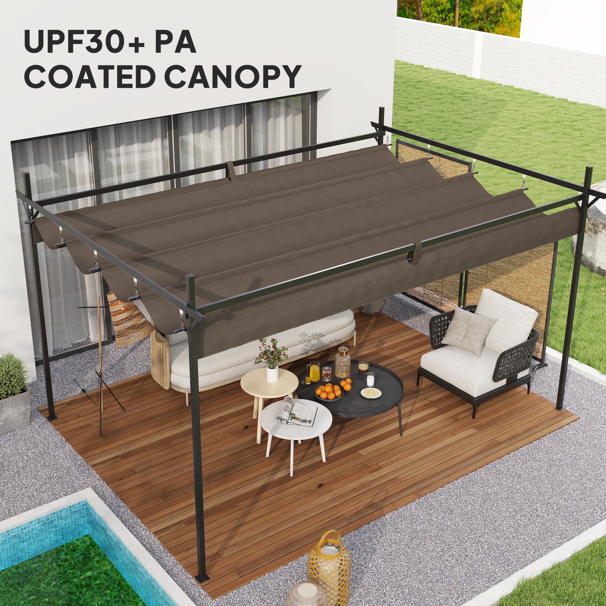 10' x 10' Outdoor Gazebo, UPF30+ Retractable Pergola Canopy, Free Standing Metal Pergola Kit, Brown