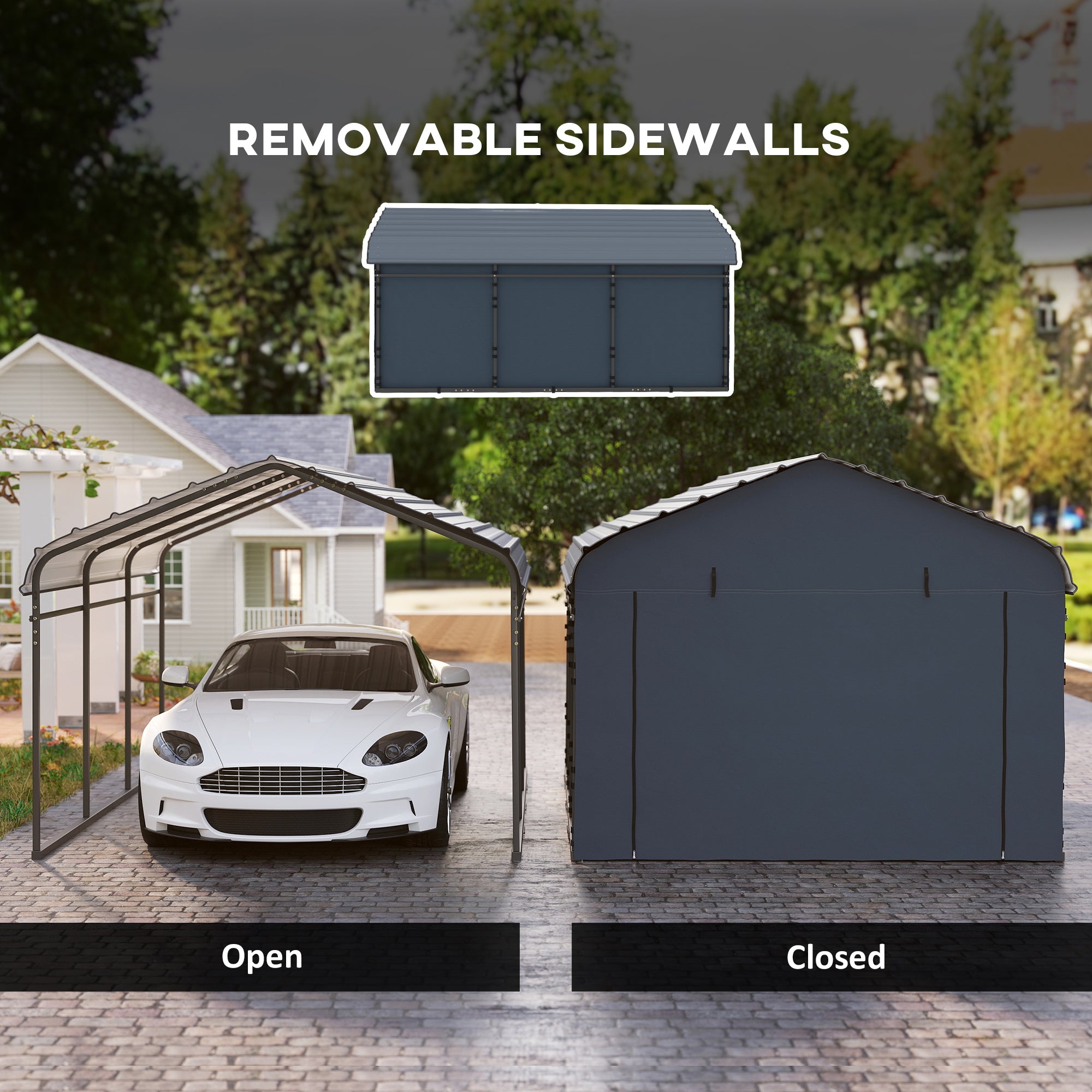 10' x 15' Metal Carport, Heavy Duty Garage Car Shelter with Galvanized Metal Roof and Removable Sidewalls, Dark Grey