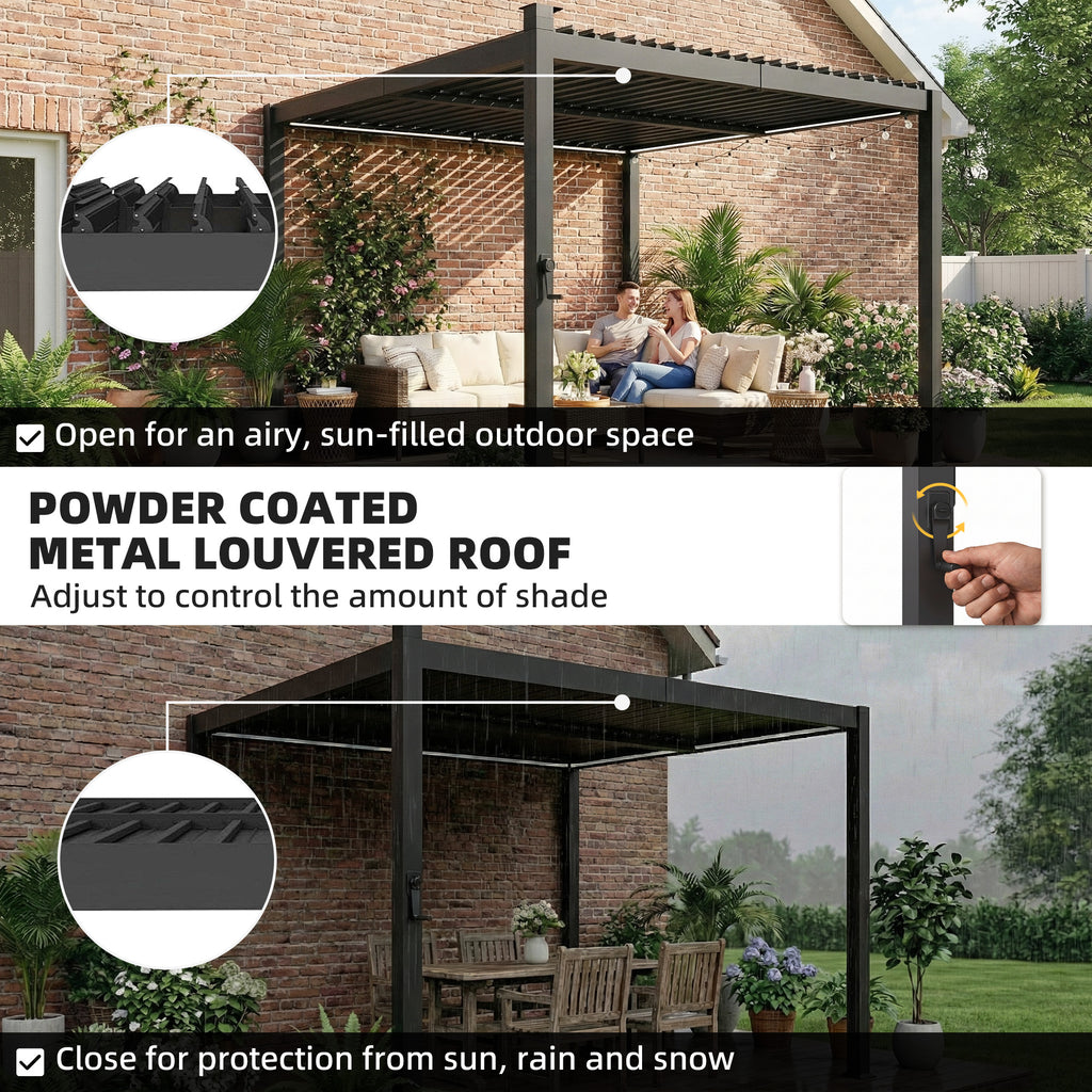 10 x 10 ft Louvered Pergola with Solar LED lights, Metal Roof, Outdoor Pergola Gazebo with Drainage Gutters, Black