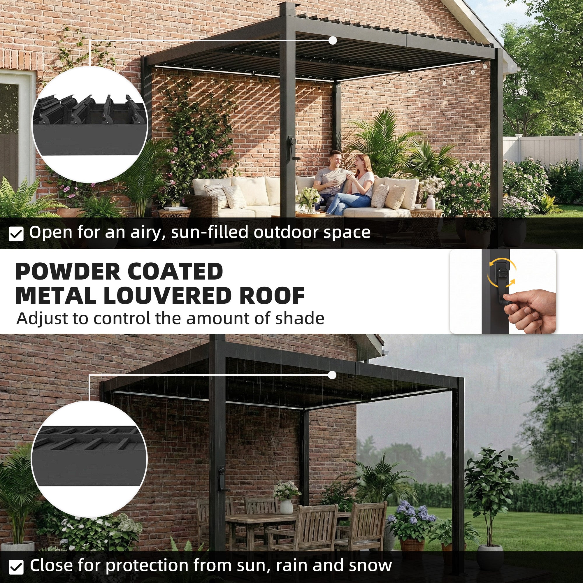 10 x 10 ft Louvered Pergola with Solar LED lights, Metal Roof, Outdoor Pergola Gazebo with Drainage Gutters, Black