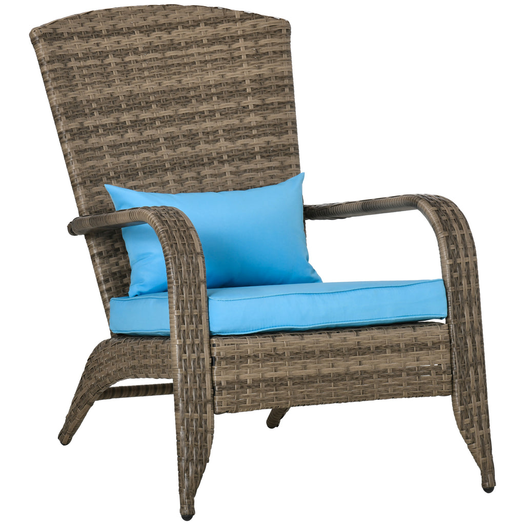 Patio Wicker Adirondack Chair, Outdoor PE Rattan Fire Pit Chair, Muskoka Chair w/ Soft Cushions, Tall Curved Backrest and Comfortable Armrests for Deck Garden, Blue