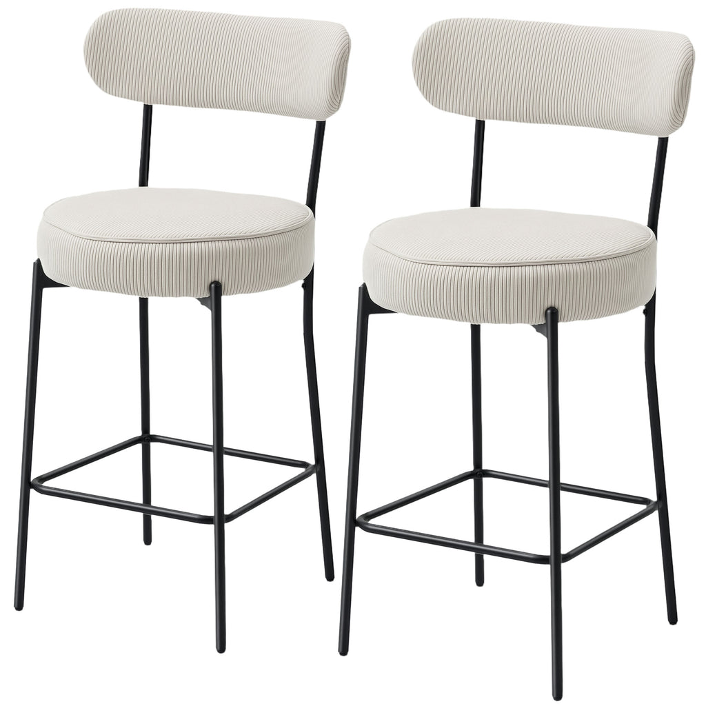 Set of 2 Barstools, Upholstered Corduroy Bar Stools with Backrest, Footrest for Kitchen Island, Dining Room, Cream White