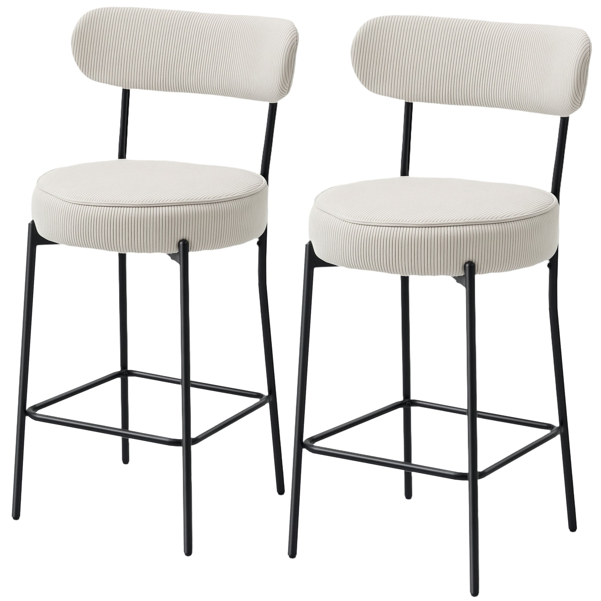 Set of 2 Barstools, Upholstered Corduroy Bar Stools with Backrest, Footrest for Kitchen Island, Dining Room, Cream White