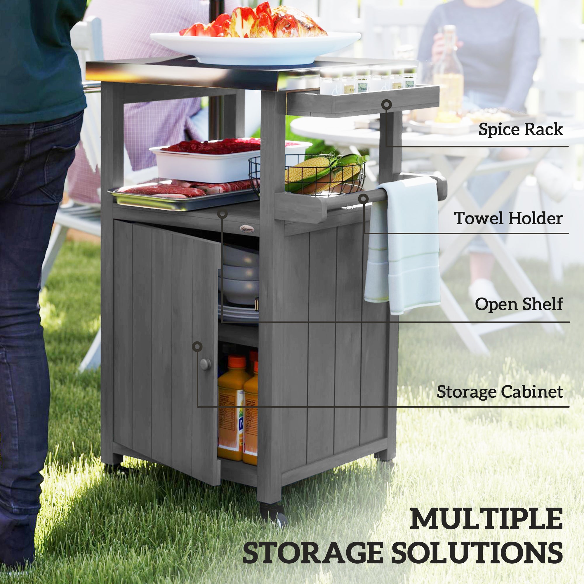 Grill Table with Stainless Steel Top, Pizza Oven Table with Storage Cabinet, Spice Rack, Wheels, Handle, Dark Grey
