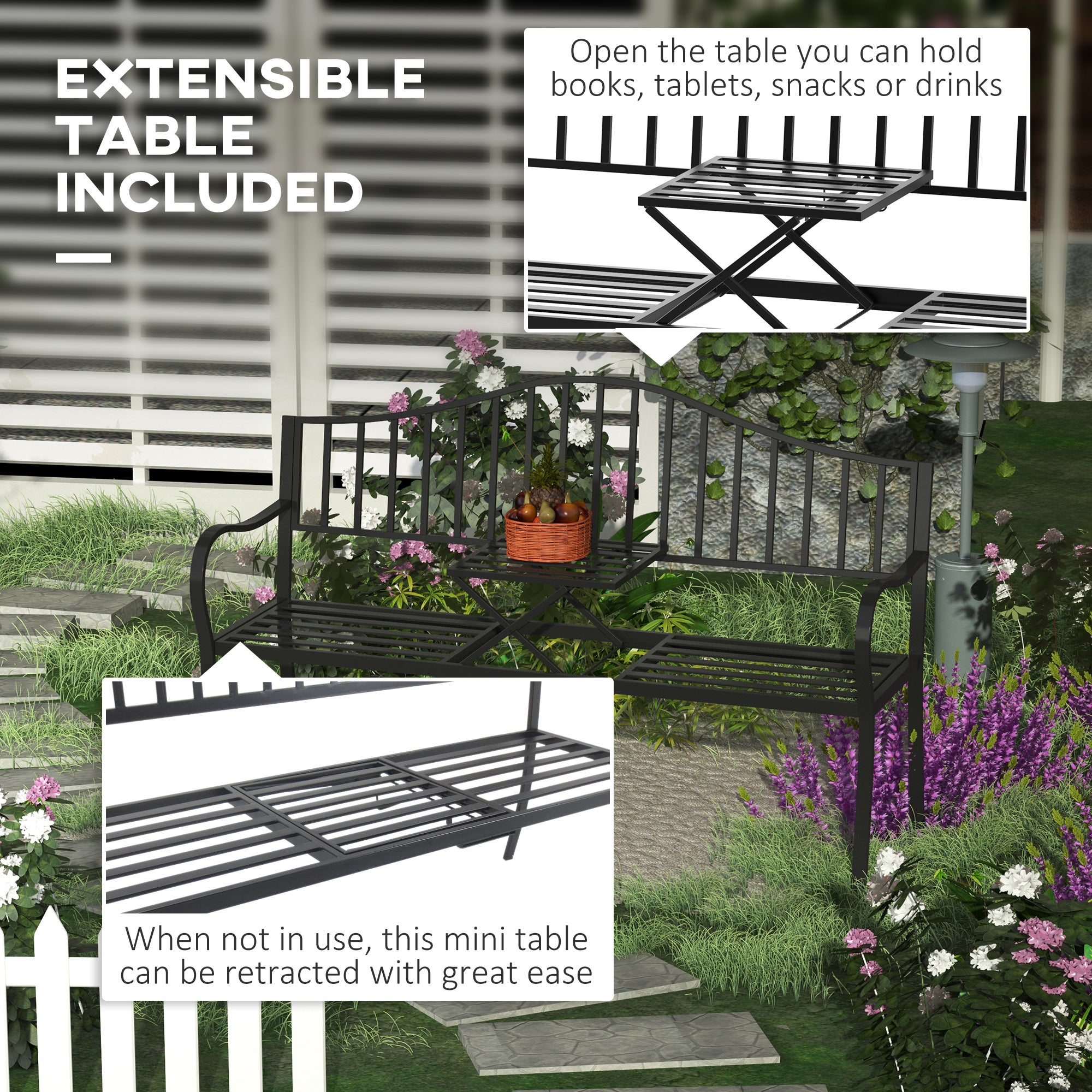 Outdoor Bench with Retractable Middle Table, Metal Frame Patio Loveseat with Slatted Seat and Backrest, Curved Armrests, Black