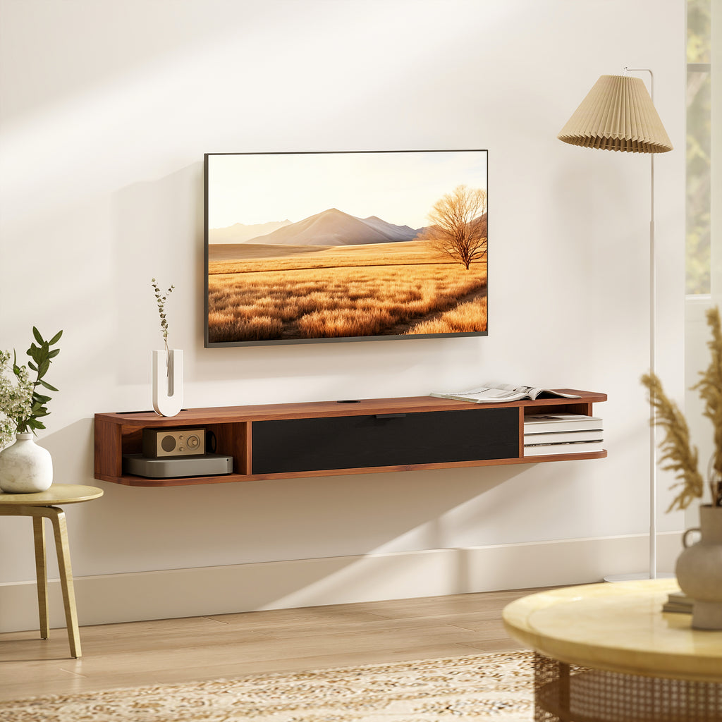 55" Floating TV Stand for TVs up to 60 Inch, Wall Mounted Media Console with Flip Drawer and 2 Open Shelves, Walnut