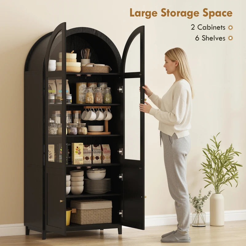 Black arched pantry cabinet with acrylic glass doors for kitchen