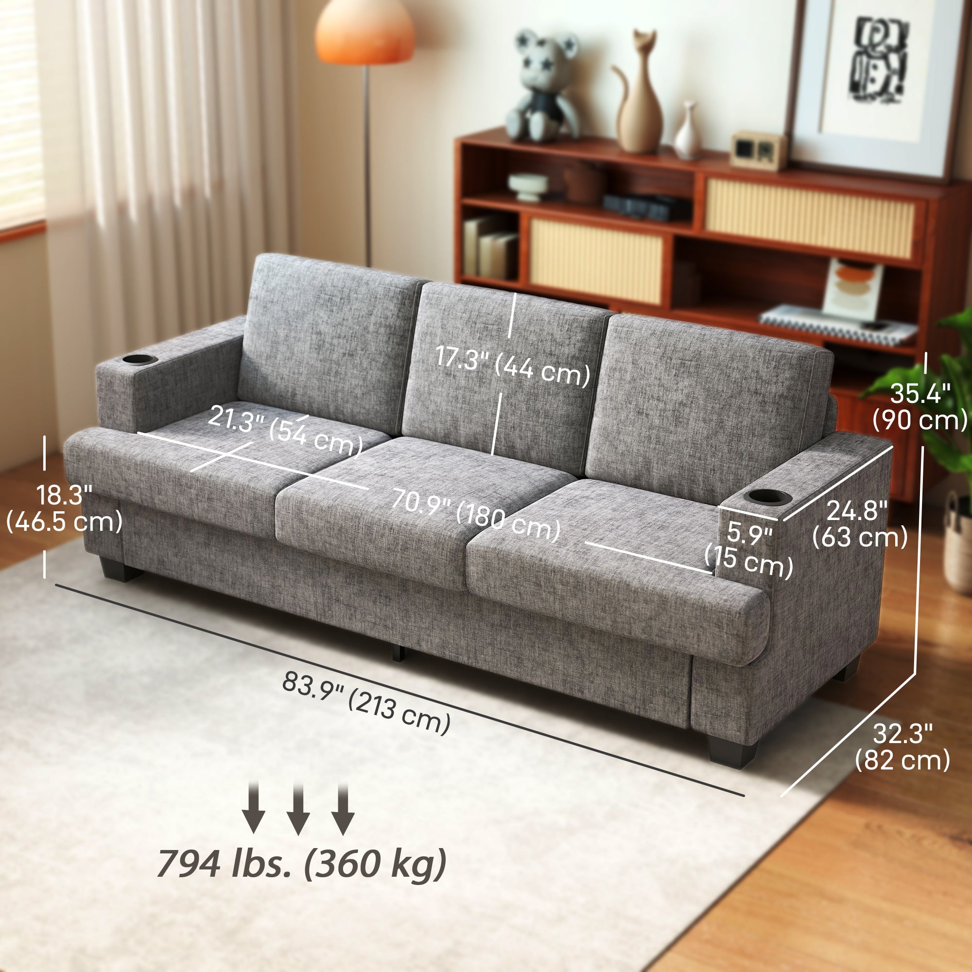 3 Seater Sofa with USB Ports & Cup Holders, Chenille-Feel Upholstered Couch for Living Room, Grey