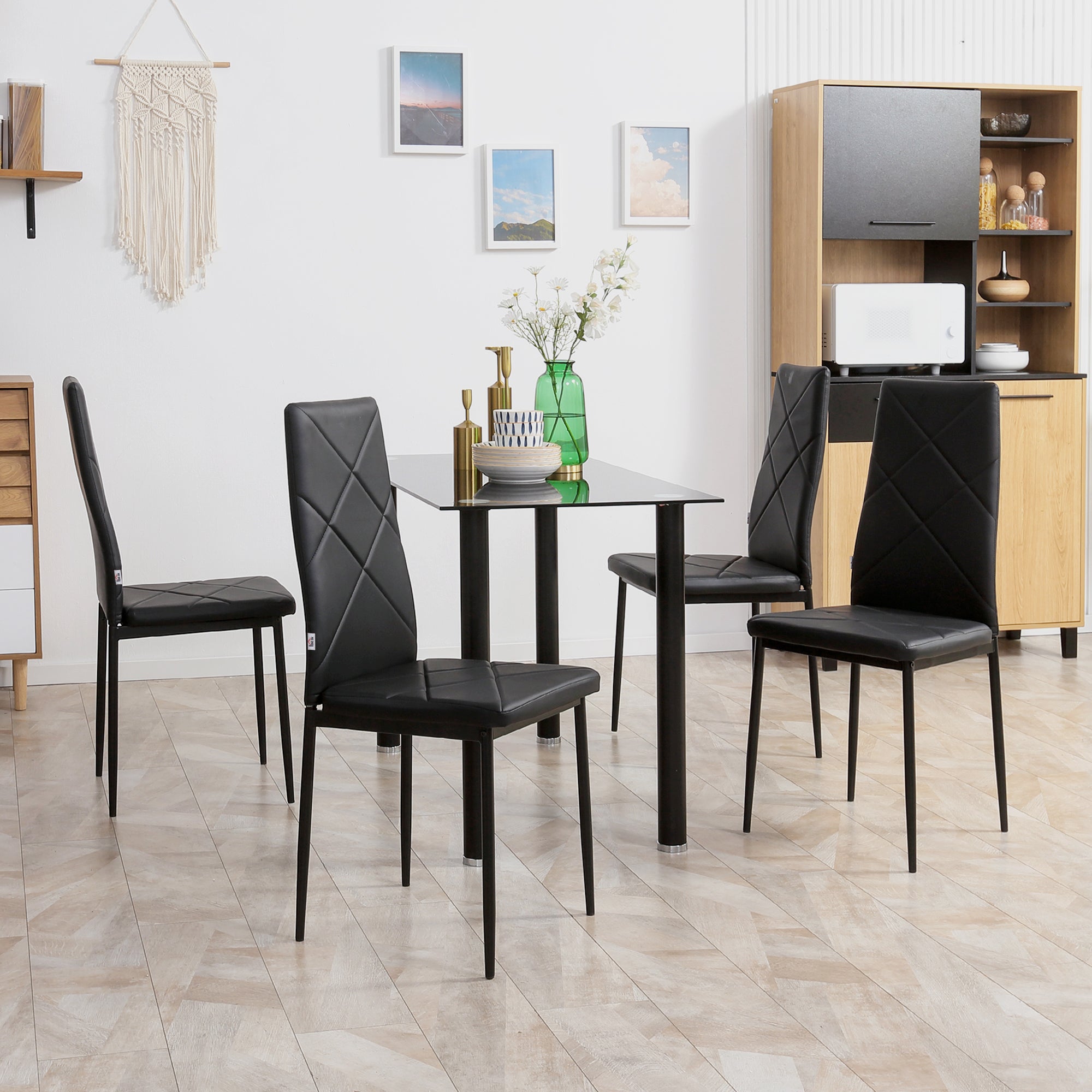 Dining Chairs Set of 4, Modern Accent Chair with High Back, Upholstery Faux Leather and Steel Legs for Living Room, Kitchen, Black