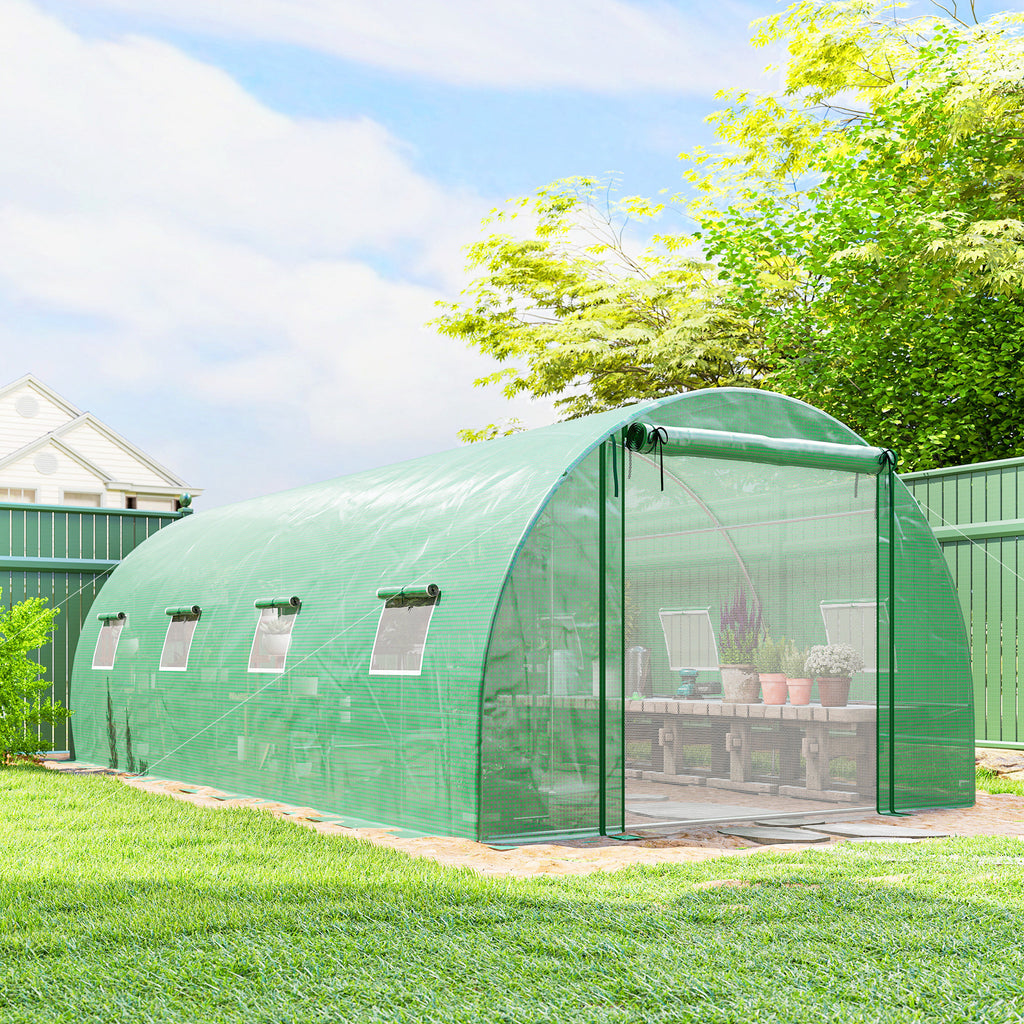 Walk-in Tunnel Greenhouse with 2 Support Rods, Mesh Door, Plant Hot House with PE Cover, 20'x10'x7', Green