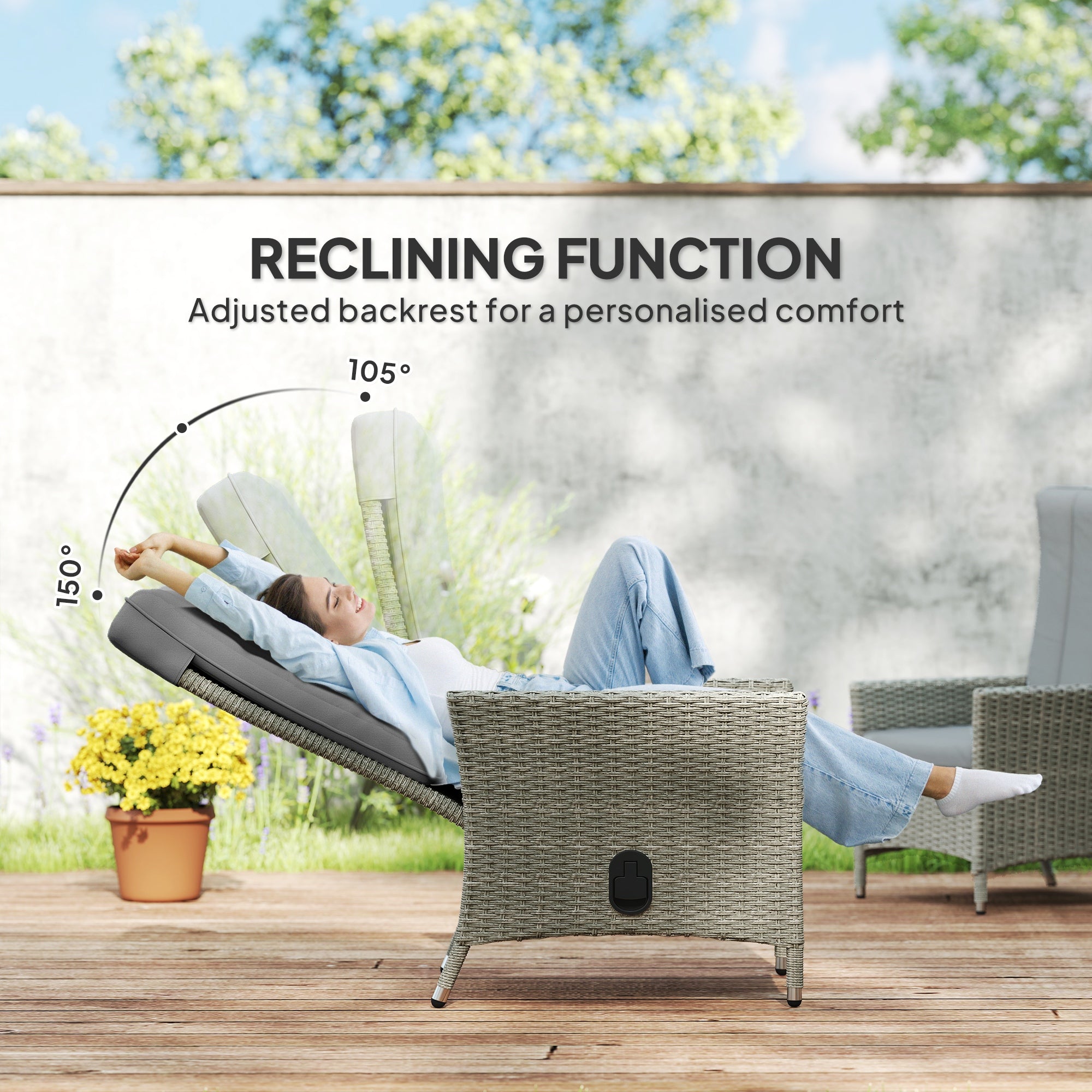 Wicker Outdoor Recliner Chair, Wicker Reclining Patio Chair with Adjustable Backrest and Cushion, Grey