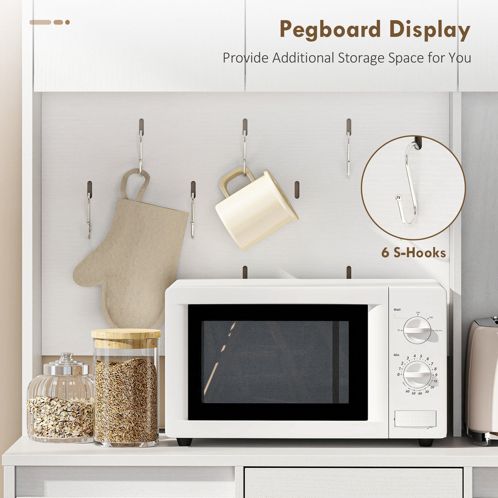 71" Pantry Cabinet with Charging Station, Kitchen Storage Cabinet with Microwave Stand, Pegboard, 6 S-hooks, White