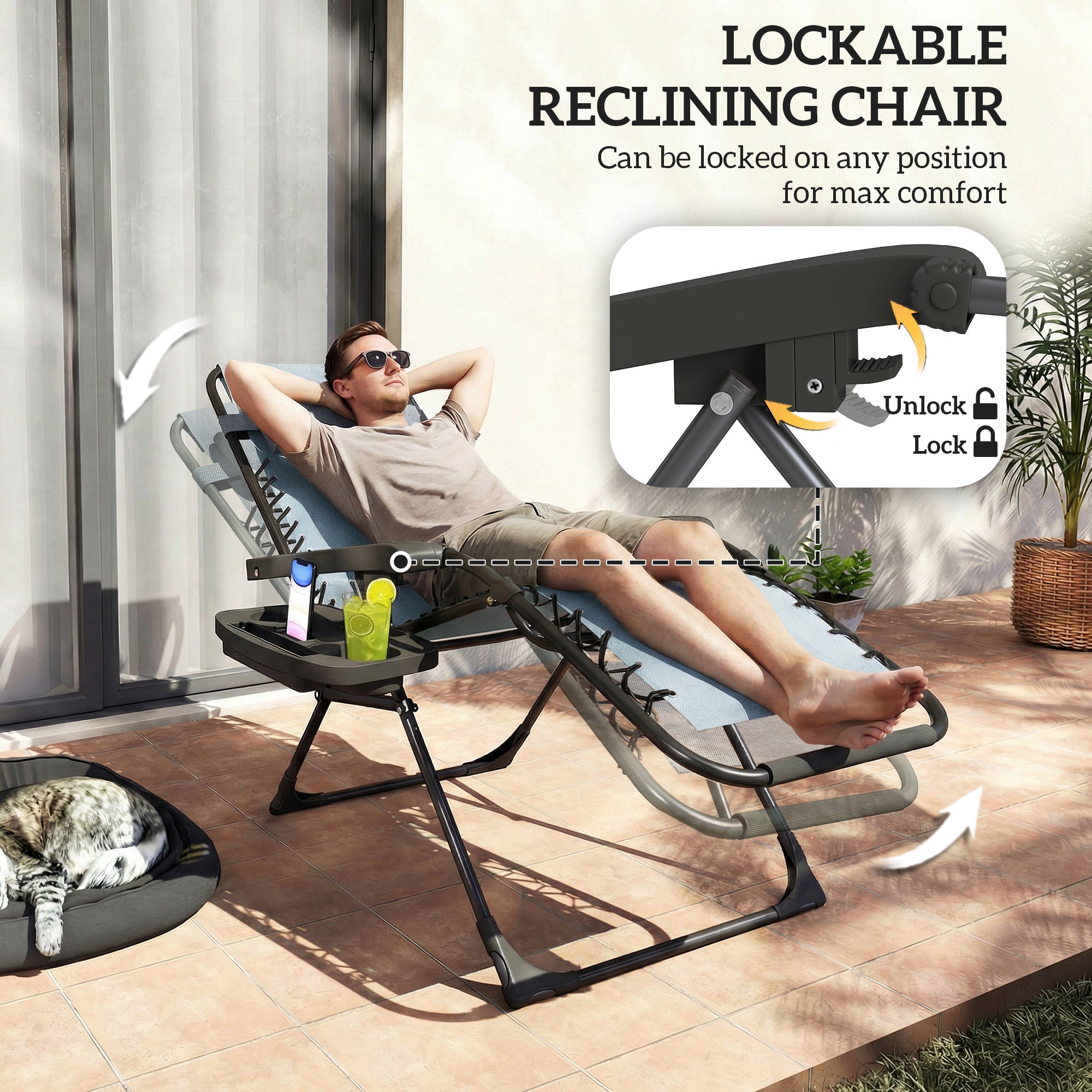 Zero Gravity Chair Set of 2, Folding Reclining Outdoor Lounge Chair with Cup Holder, Headrest, Light Grey