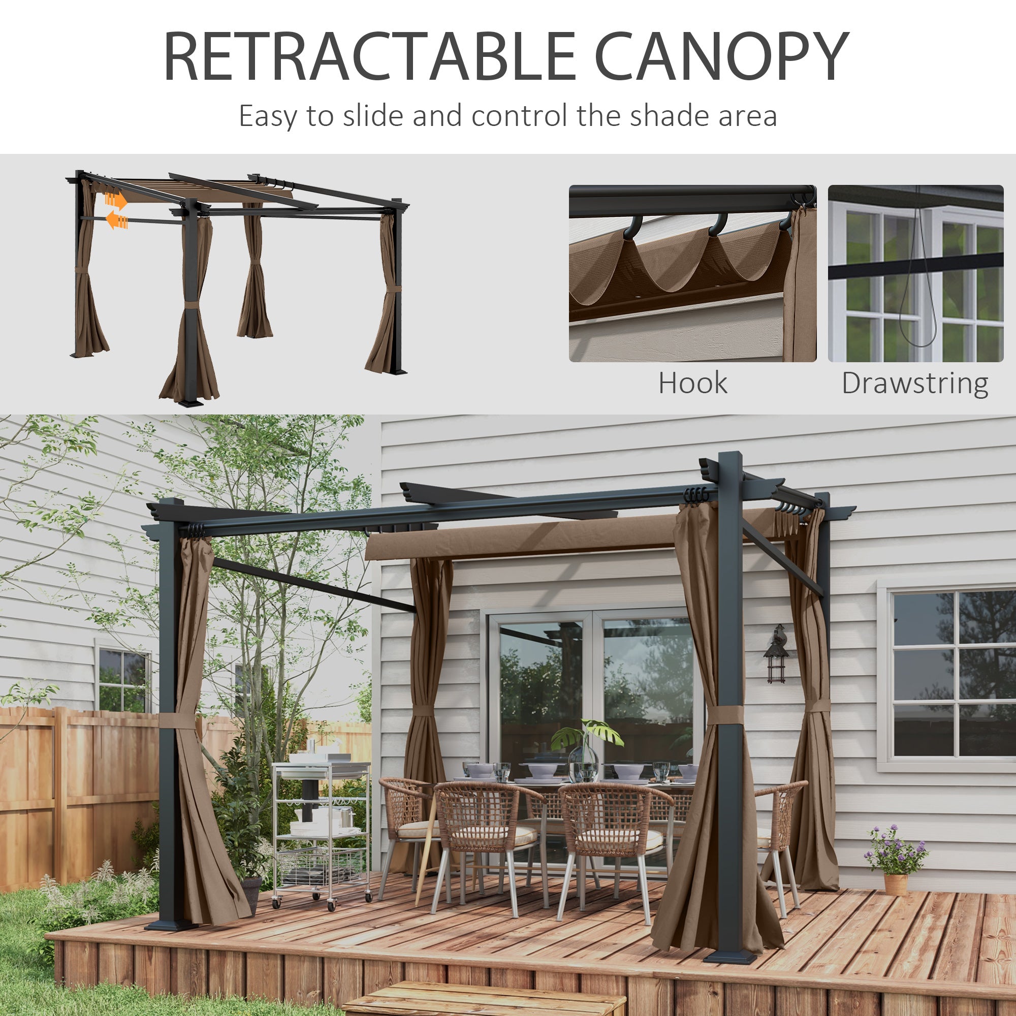 Metal Pergola with Sliding Roof Canopy, Retractable Pergola Canopy, 10' x 10', Coffee