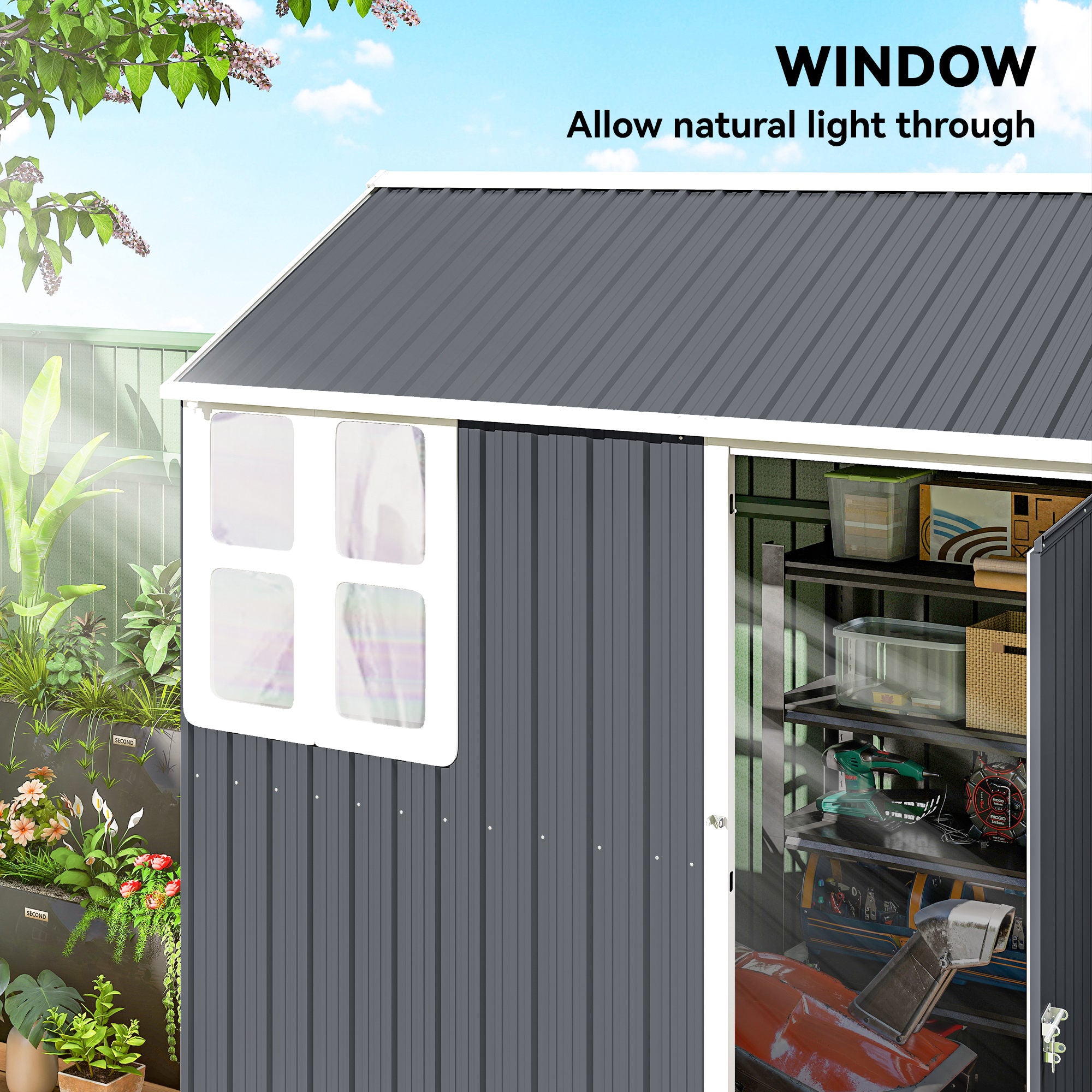 7' x 5.5' Metal Garden Storage Shed, Outdoor Tool Storage House with Lockable Door, Vents, Sloped Roof, Dark Grey
