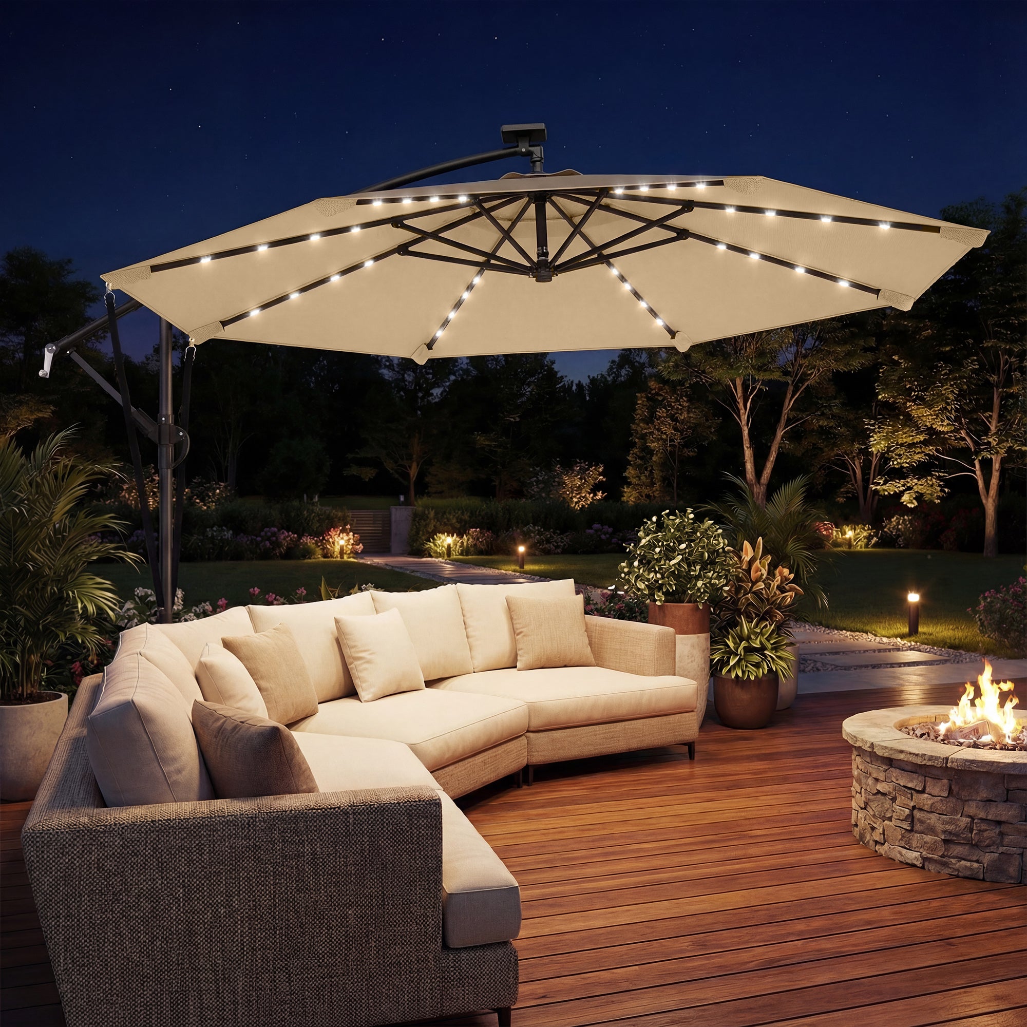 9.7ft Solar LED Cantilever Patio Umbrella with 32 LED Lights, Cross Base, Crank Handle, for Poolside, Deck, Khaki