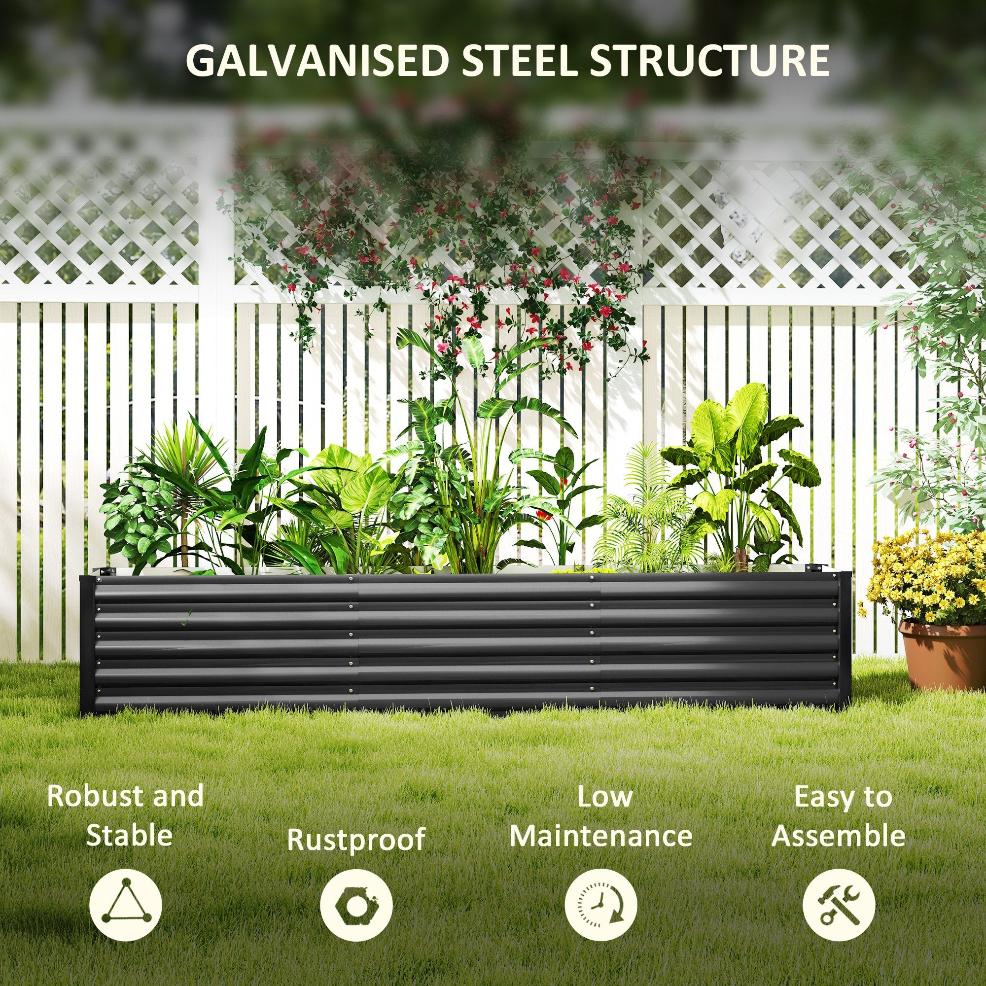 8 x 1.3 x 1.5ft Galvanized Raised Garden Bed, Reinforced Outdoor Planter Box with Open Bottom, Dark Grey