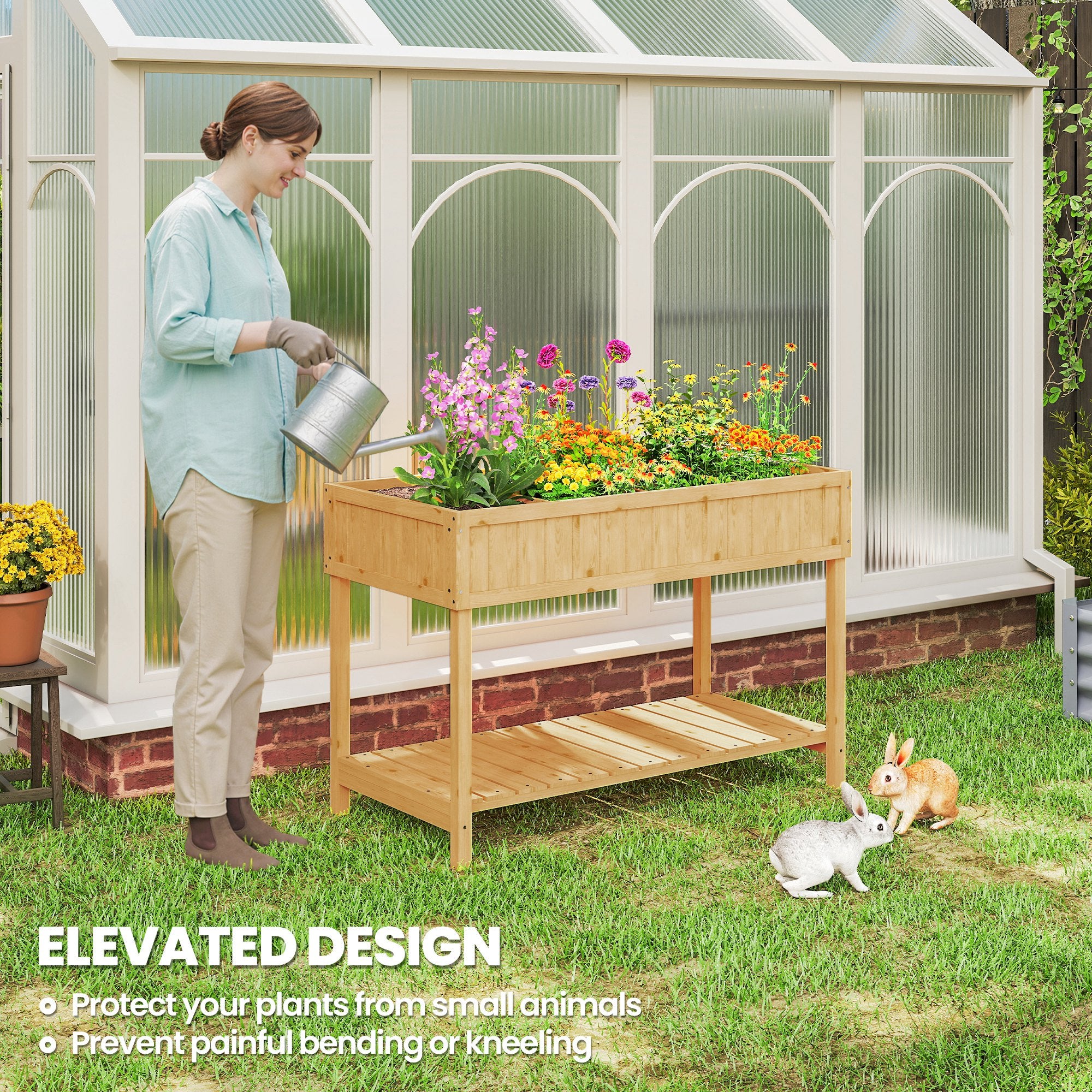 43.25" x 18" x 30" Raised Garden Bed, Wooden Plant Stand with 8 Grid Box, Storage Shelf for Outdoor, Natural Wood Colour